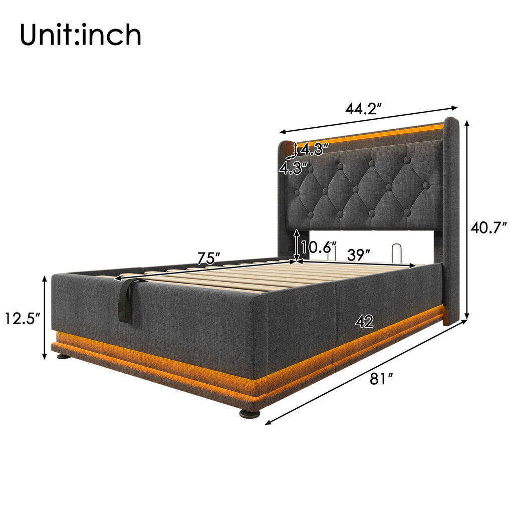 Upholstered Bed, 360 Surround LED Function, Remote Control, Hydraulic Storage Bed With USB, Type-C Charging (Without Mattress) by Unique Piece Furniture