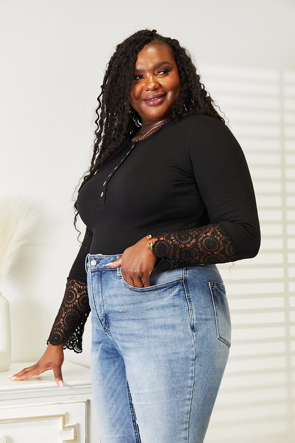 Double Take Crochet Lace Hem Sleeve Button Top by Wild and Free Boutique