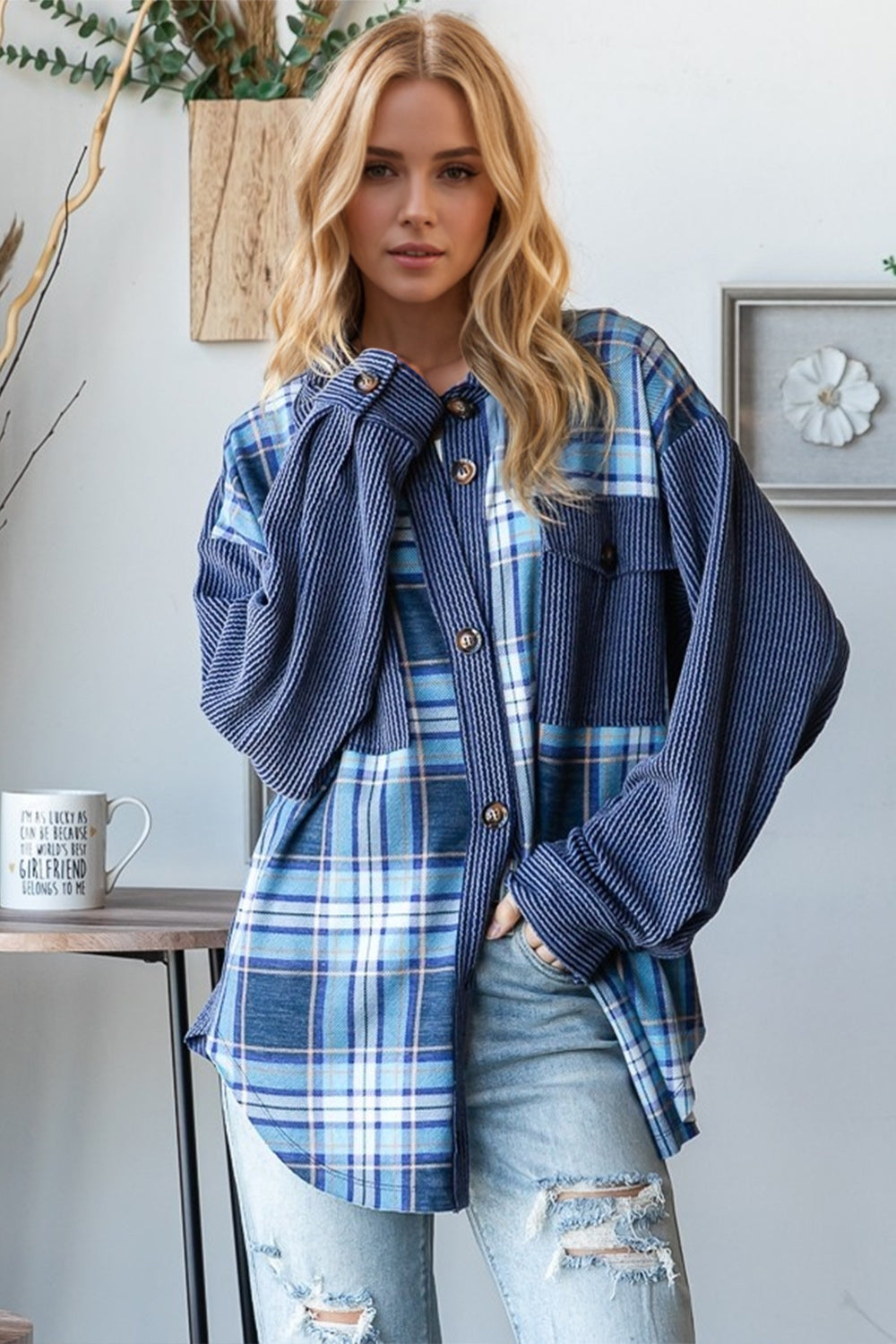 Oh Plaid Button Up Long Sleeve Shacket with Breast Pockets by Wild and Free Boutique