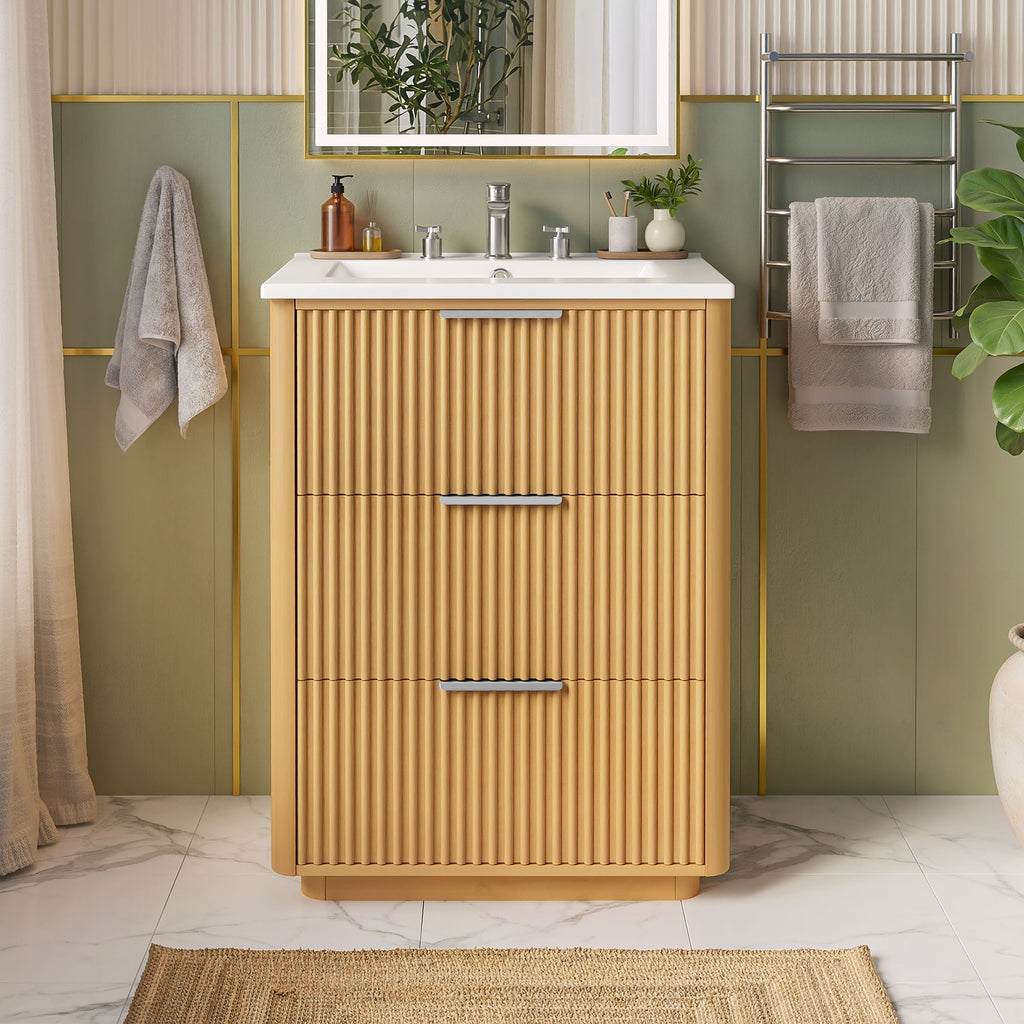 Bathroom Vanity With Sink, Open Shelf & Closed Storage - Natural Wood by Unique Piece Furniture