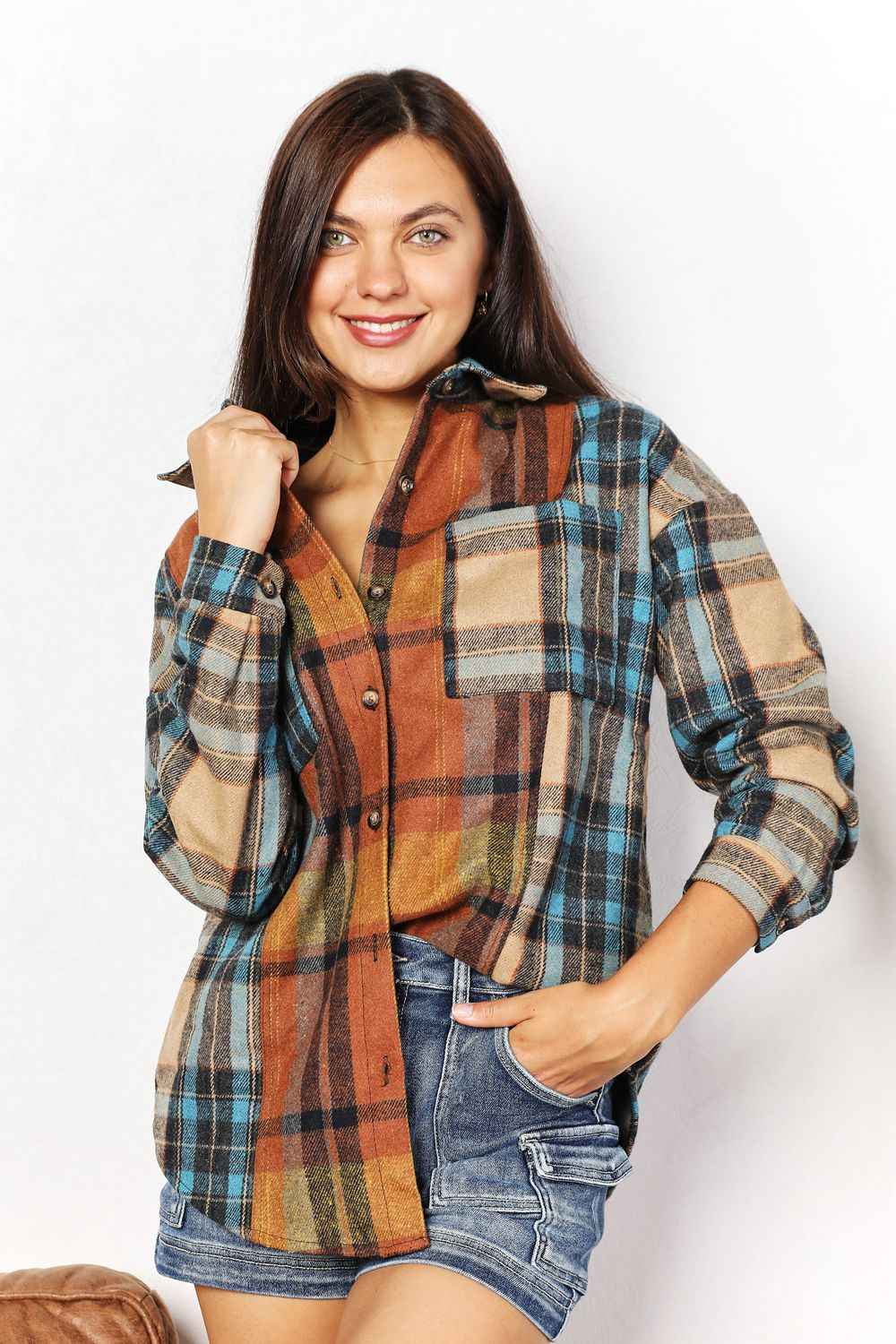 Double Take Plaid Curved Hem Shirt Jacket with Breast Pockets by Wild and Free Boutique