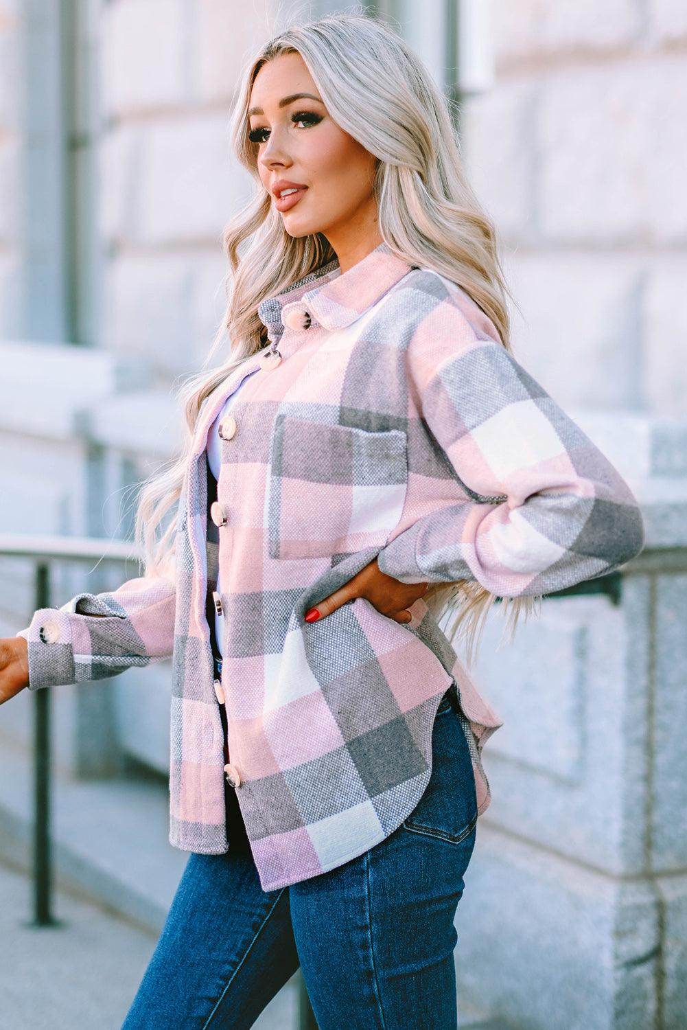 Plaid Button Up Dropped Shoulder Jacket for Women Stylish by Selvanelle