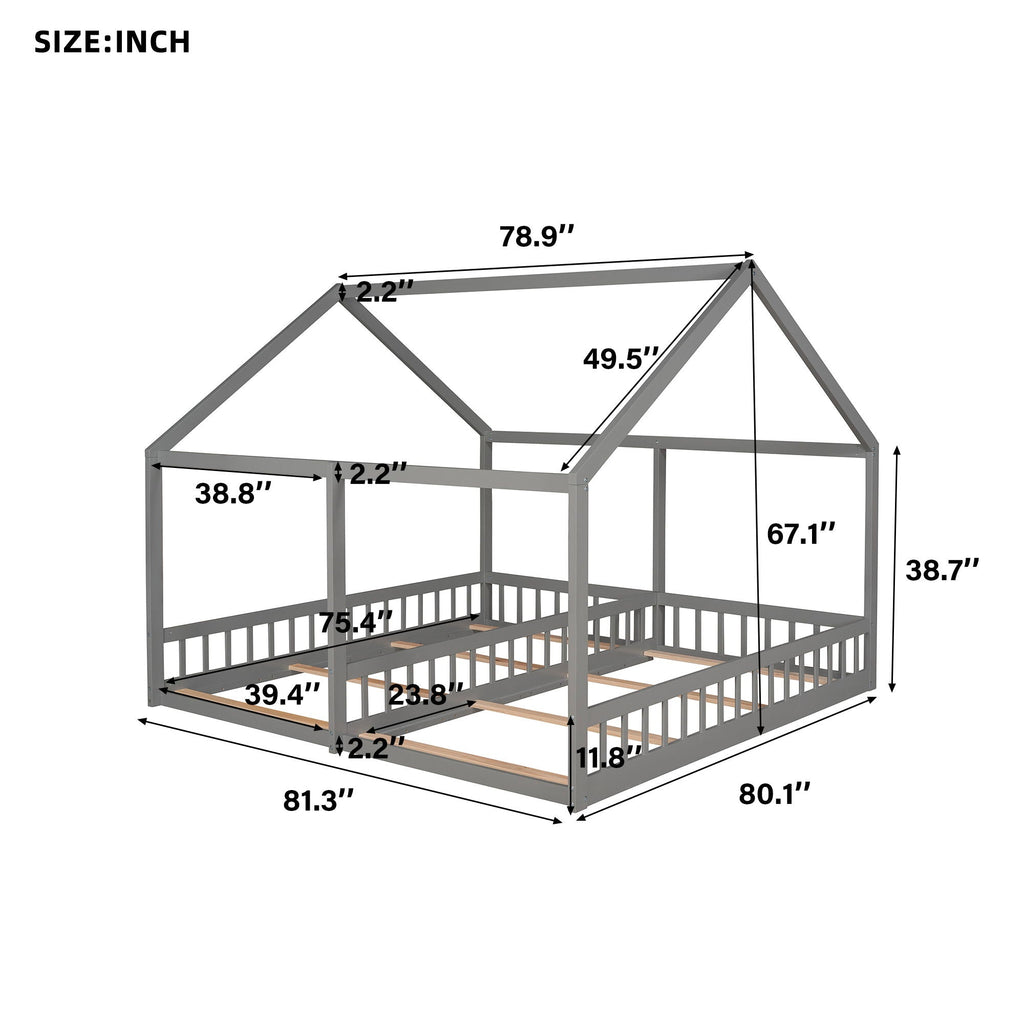 House Platform Beds, 2 Shared Beds, Metal Frame With Guardrails by Unique Piece Furniture