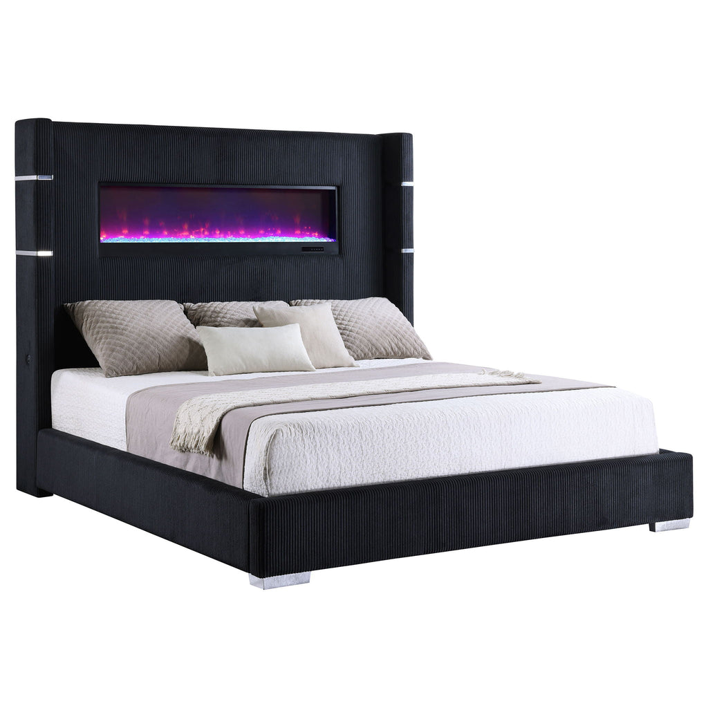 Tisdall Upholstered Queen Flame Visualizer Bed Black by Unique Piece Furniture