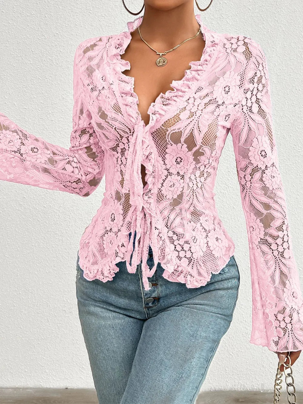 Tied V-Neck Long Sleeve Lace Top by Wild and Free Boutique