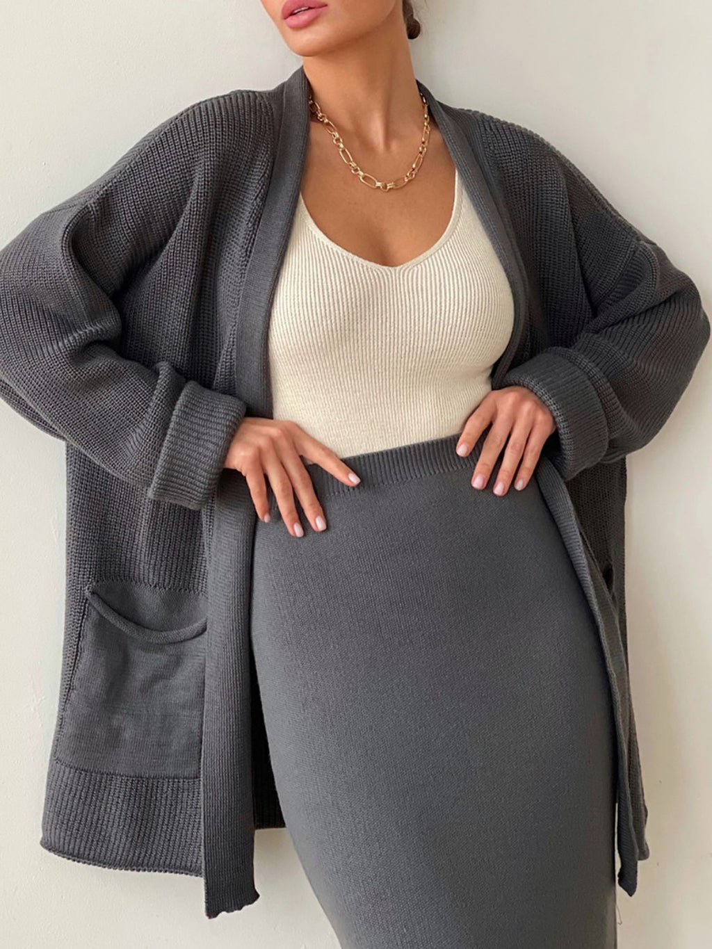 Pocketed Long Sleeve Cardigan and Skirt Sweater Set by Wild and Free Boutique