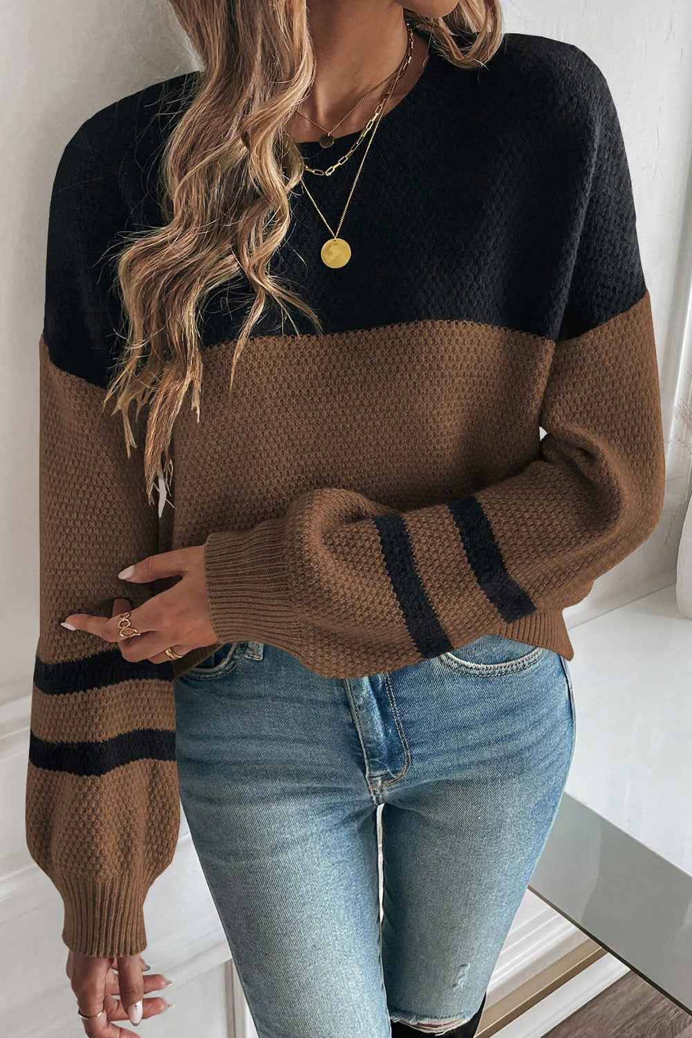 Dark Brown Color Block Knit Striped Sleeve Detail Casual Sweater by Wild and Free Boutique