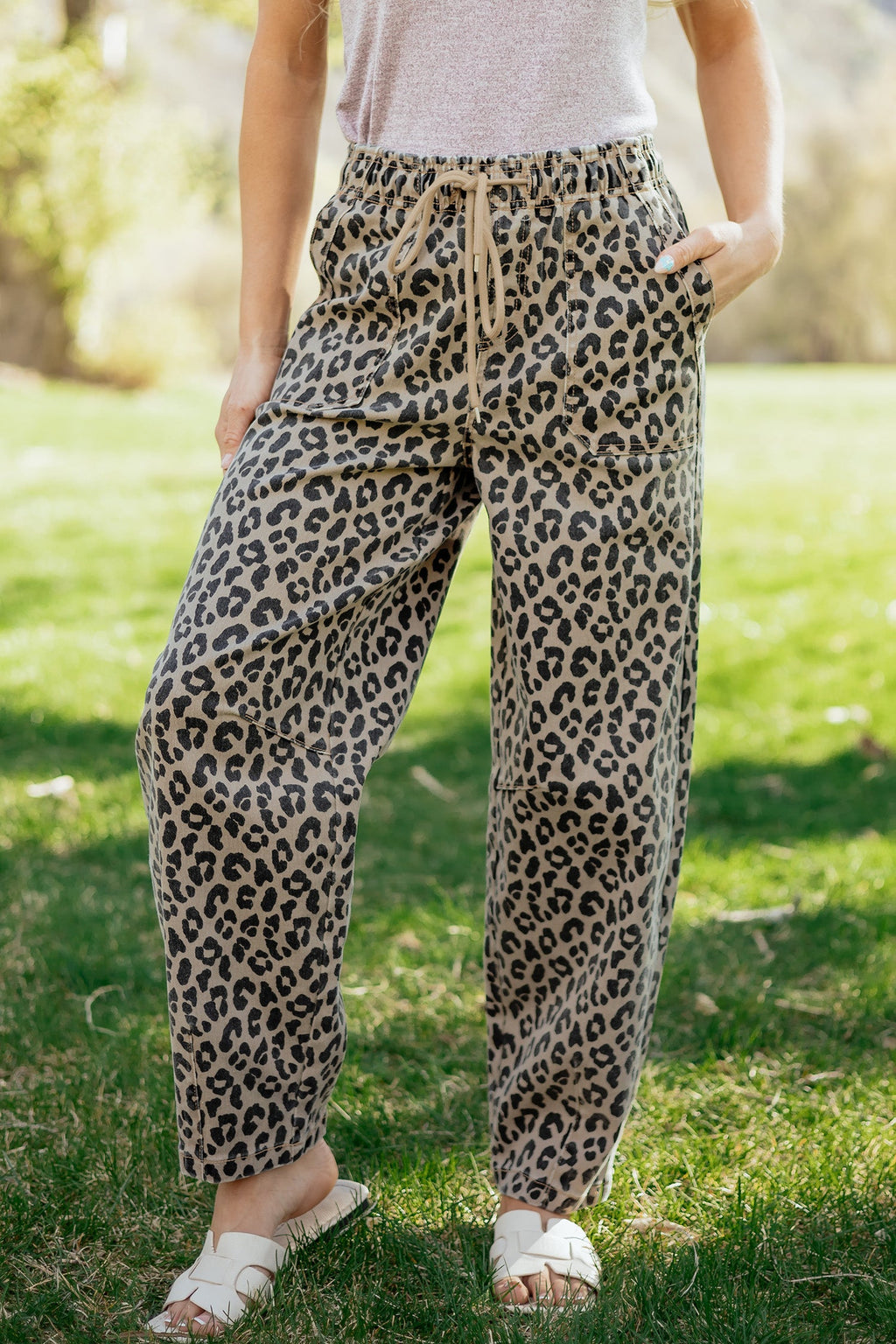 Khaki Leopard Print Drawstring Elastic Waist Loose Denim Pants with Pockets by Wild and Free Boutique