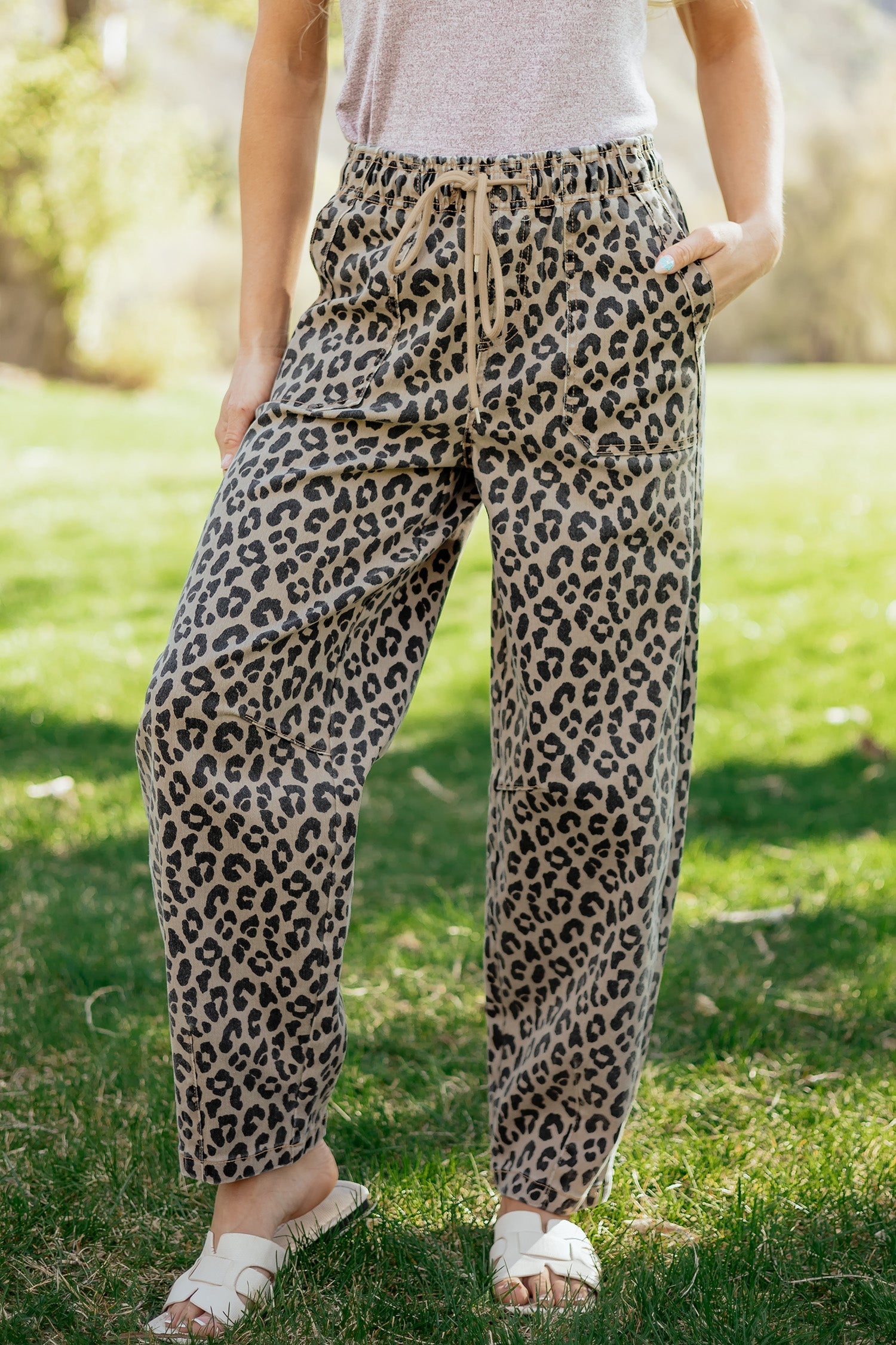 Khaki Leopard Print Drawstring Elastic Waist Loose Denim Pants with Pockets by Wild and Free Boutique