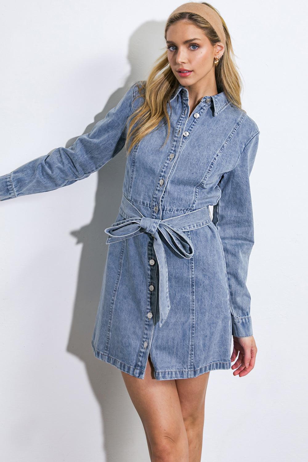 BE A LIGHT DENIM MINI DRESS by Flying Tomato