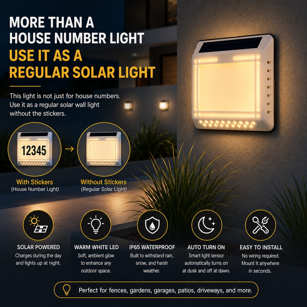 Solar LED Address Sign – Waterproof House Number Plaque, Customizable Numbers & Letters, Auto Dusk-to-Dawn Light, 8.1 x 6.9 Inches by Infinite Basics