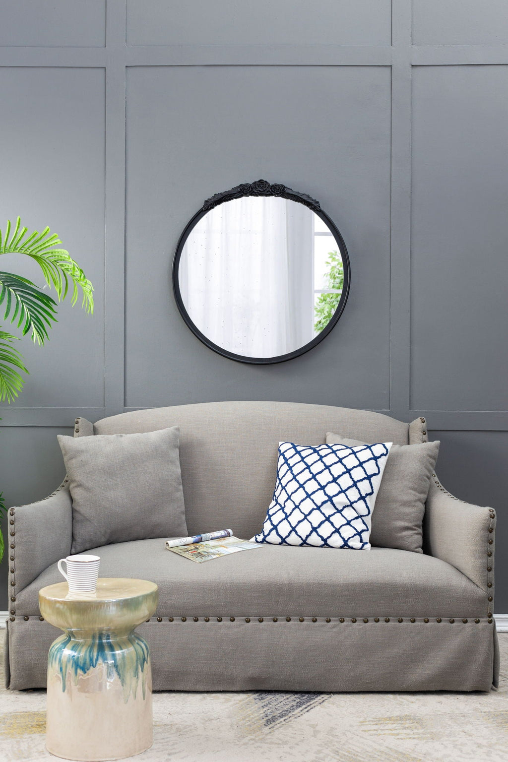 Round Hand Carved Rose Antique Mirror Frame, Wall Mirror For Live Space by Unique Piece Furniture
