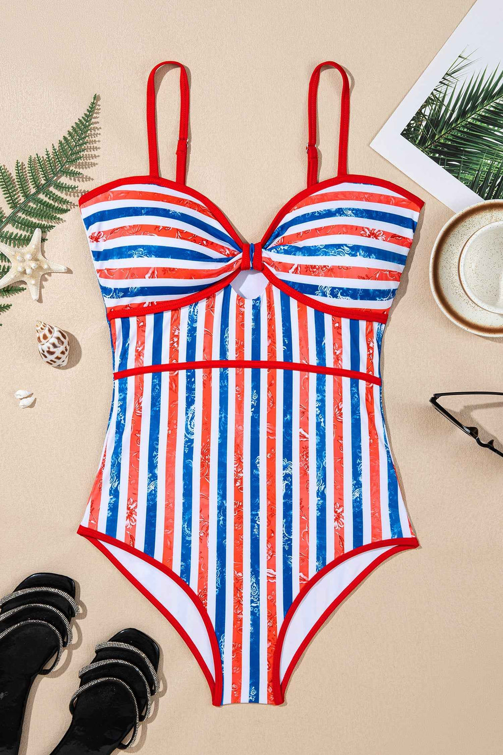Red July 4th Stripes Star Floral Impression Cutout Spaghetti Straps One Piece Swimsuit by Wild and Free Boutique