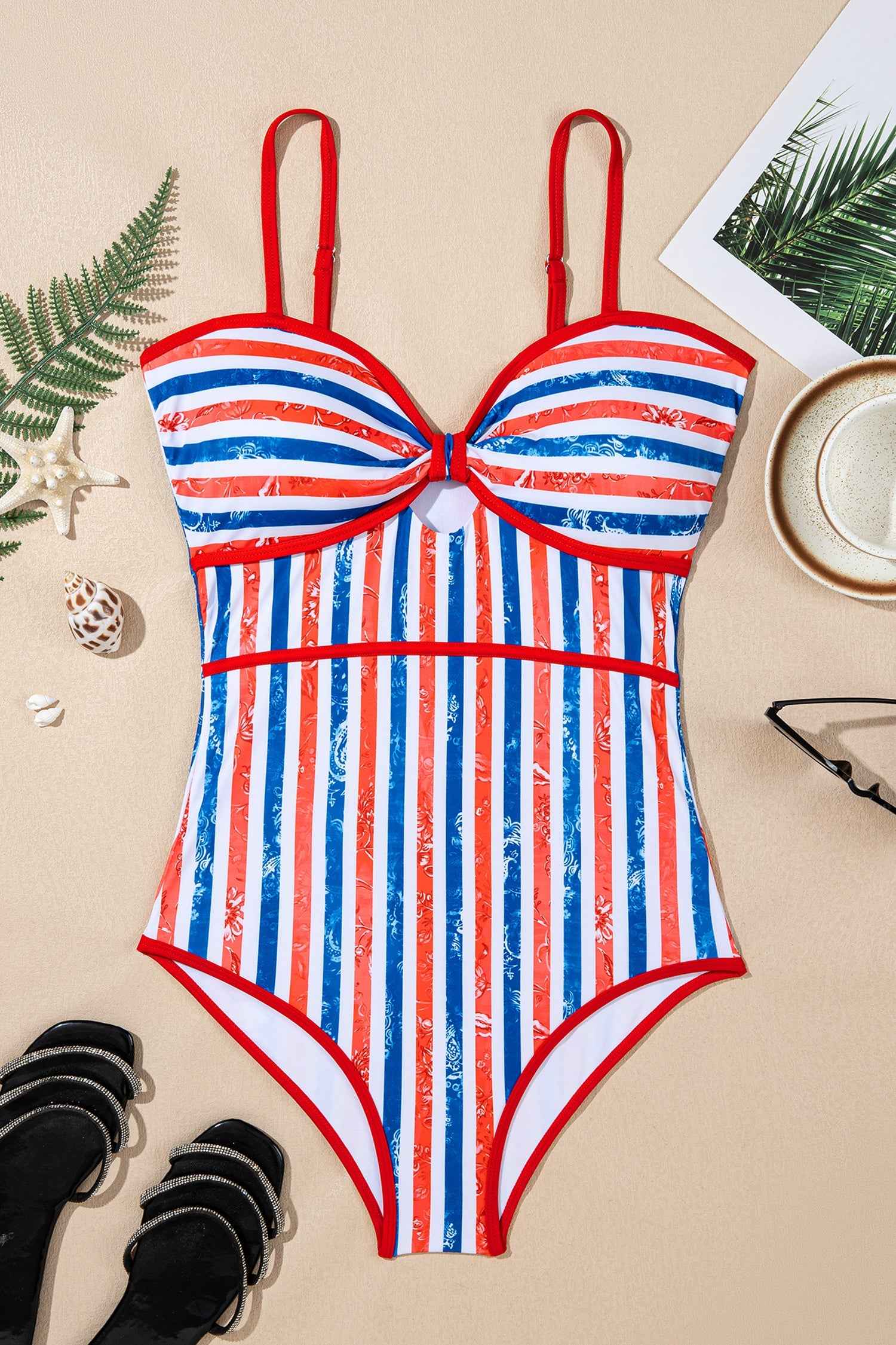 Red July 4th Stripes Star Floral Impression Cutout Spaghetti Straps One Piece Swimsuit by Wild and Free Boutique