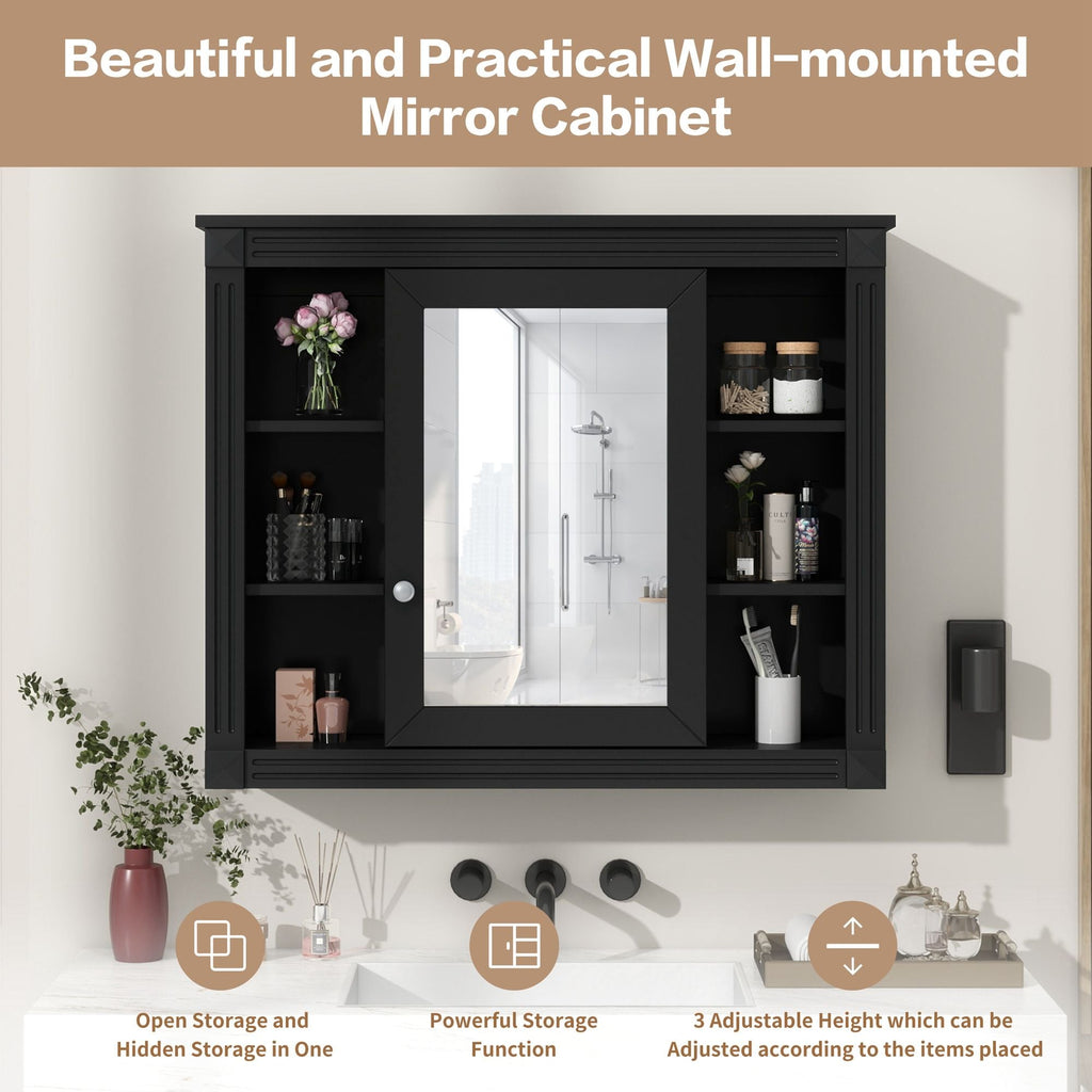 Wall-Mounted Bathroom Storage Cabinet With Mirror, 6 Open Shelves - Black by Unique Piece Furniture