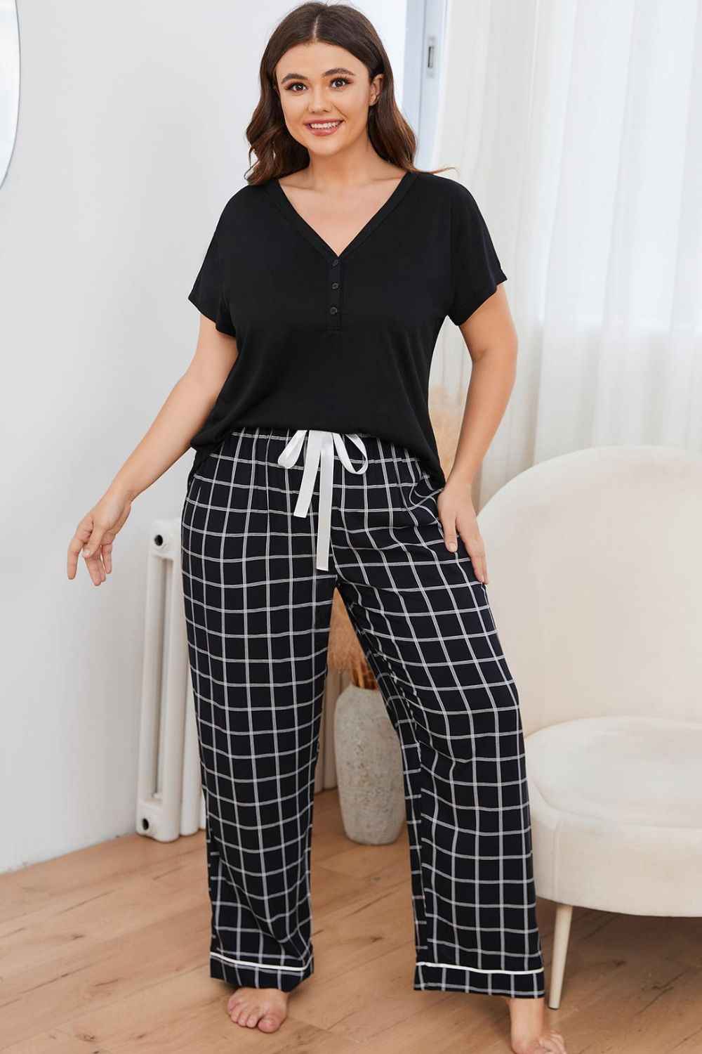 Plus Size V-Neck Top and Plaid Pants Lounge Set by Wild and Free Boutique