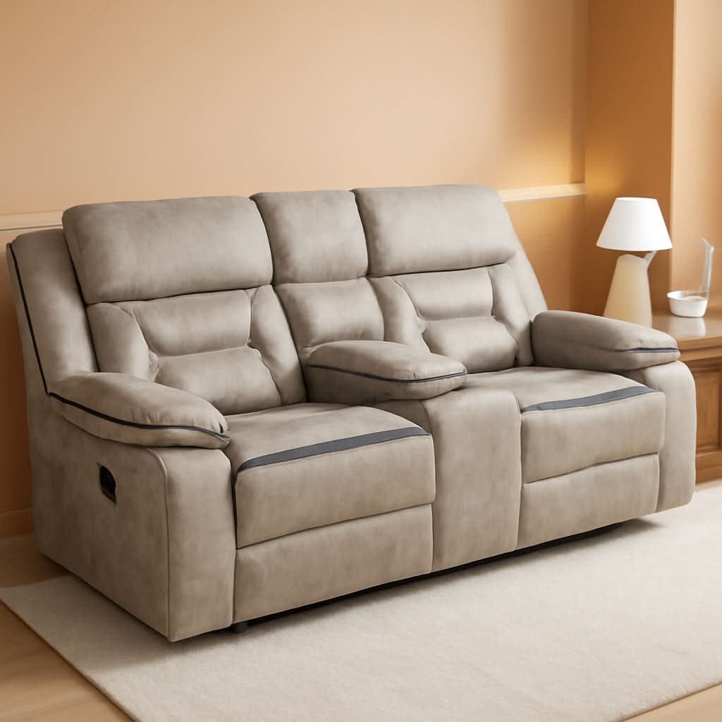 Taupe Recliner Loveseat With Center Console Manual Recline by ShipItFurniture
