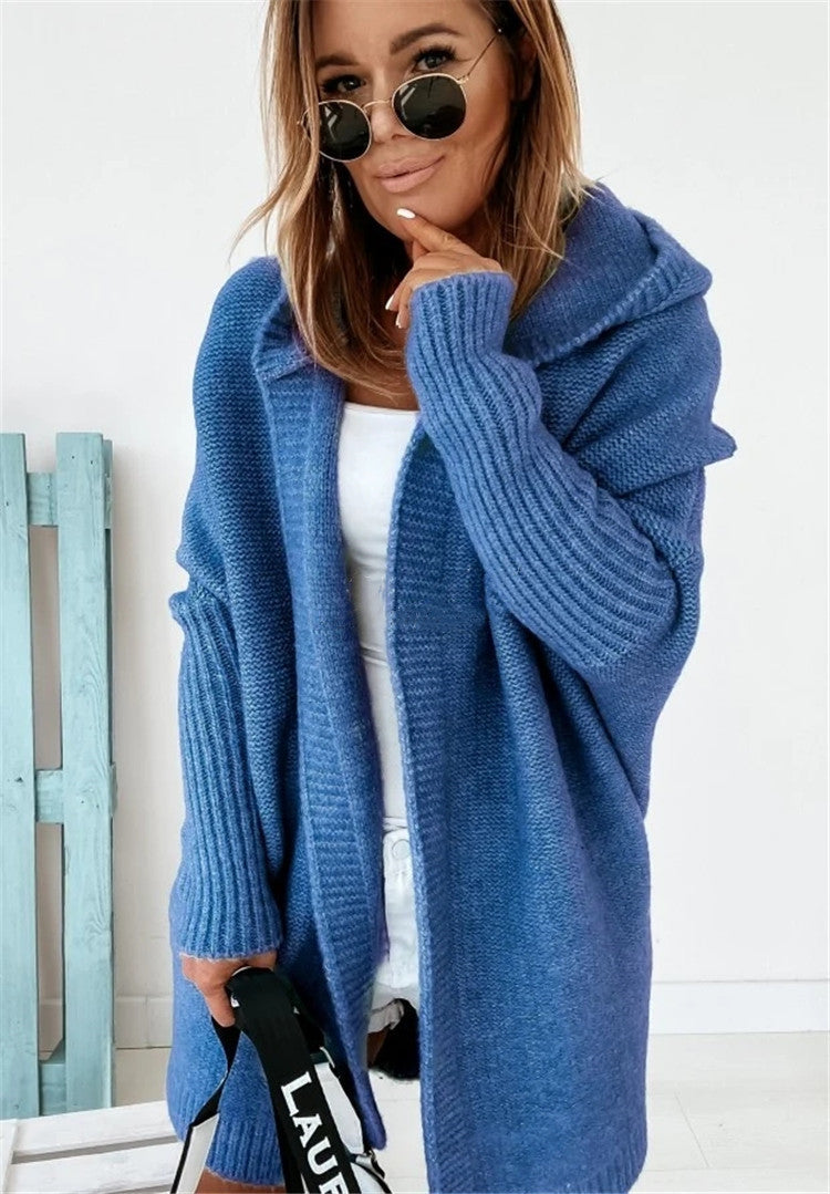 Fashion Bat Sleeve Hooded Cardigan Oversized Loose Temperament Solid Color Sweater Womens Clothing by Social Buzz eSIMs