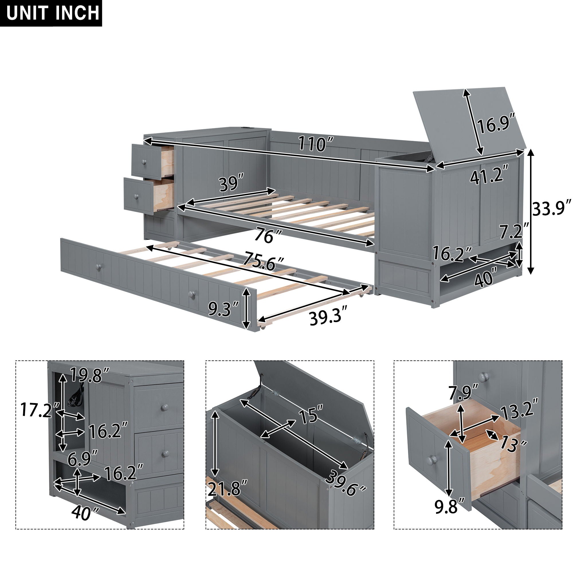 Daybed With Storage Arms, Trundle And Charging Station by Unique Piece Furniture