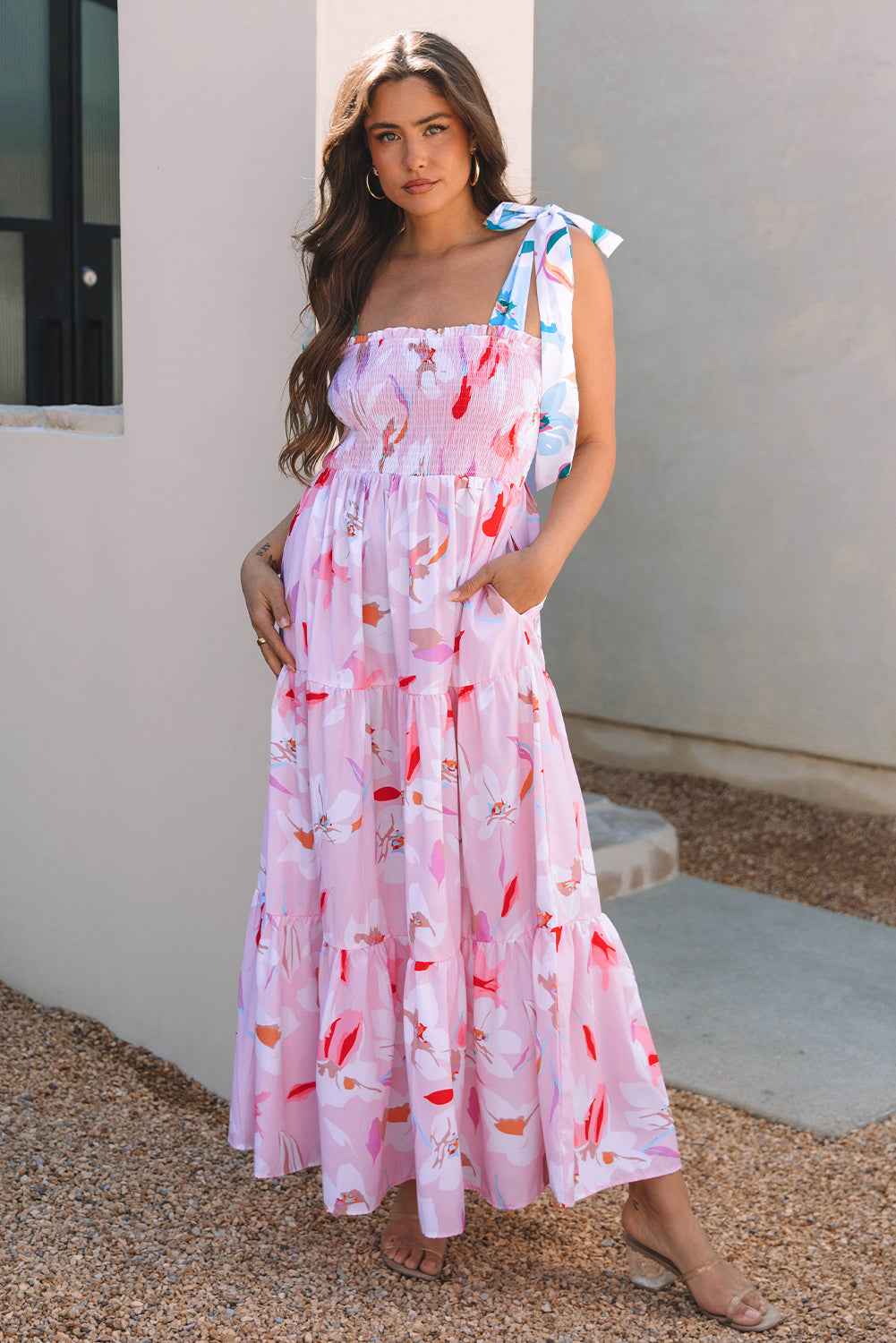 Pink Floral Print Knotted Shoulder Smocked Maxi Dress by Dear-Lover Dropshipping