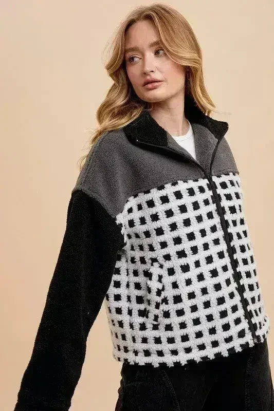 Annie Wear Plaid Zip Up Drop Shoulder Sherpa Jacket by Femstylo