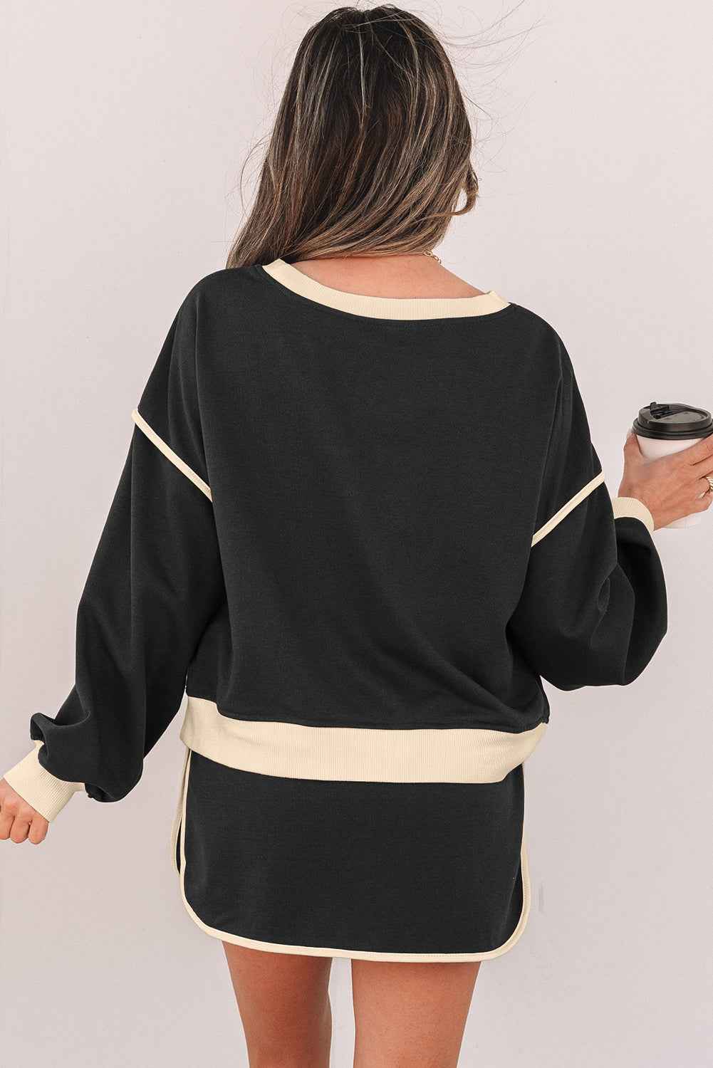 Black Color Contrast Loose Pullover and Lace-up Waist Skort Set by Dear-Lover Dropshipping