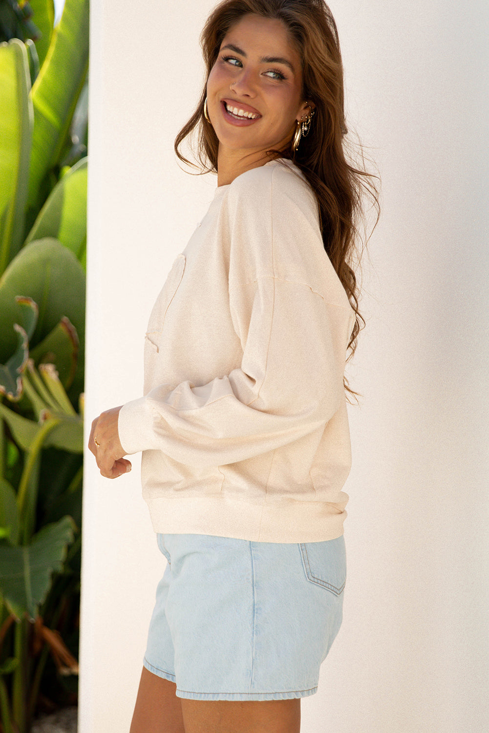 Coffee Raw Edge Flower Patch Drop Shoulder Casual Top by Wild and Free Boutique