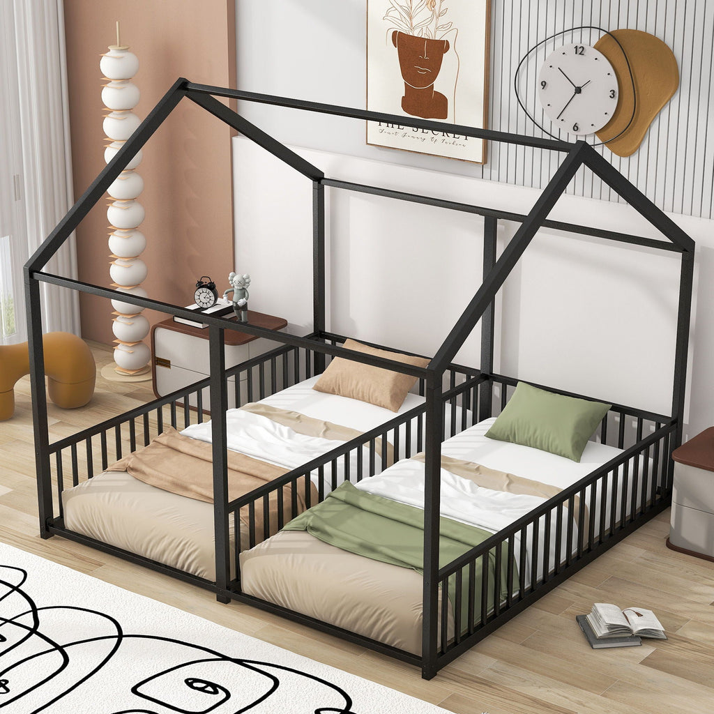 House Platform Beds, 2 Shared Beds, Metal Frame With Guardrails by Unique Piece Furniture