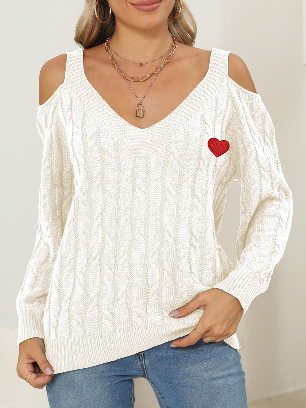 Cable-Knit Heart V-Neck Sweater by Wild and Free Boutique