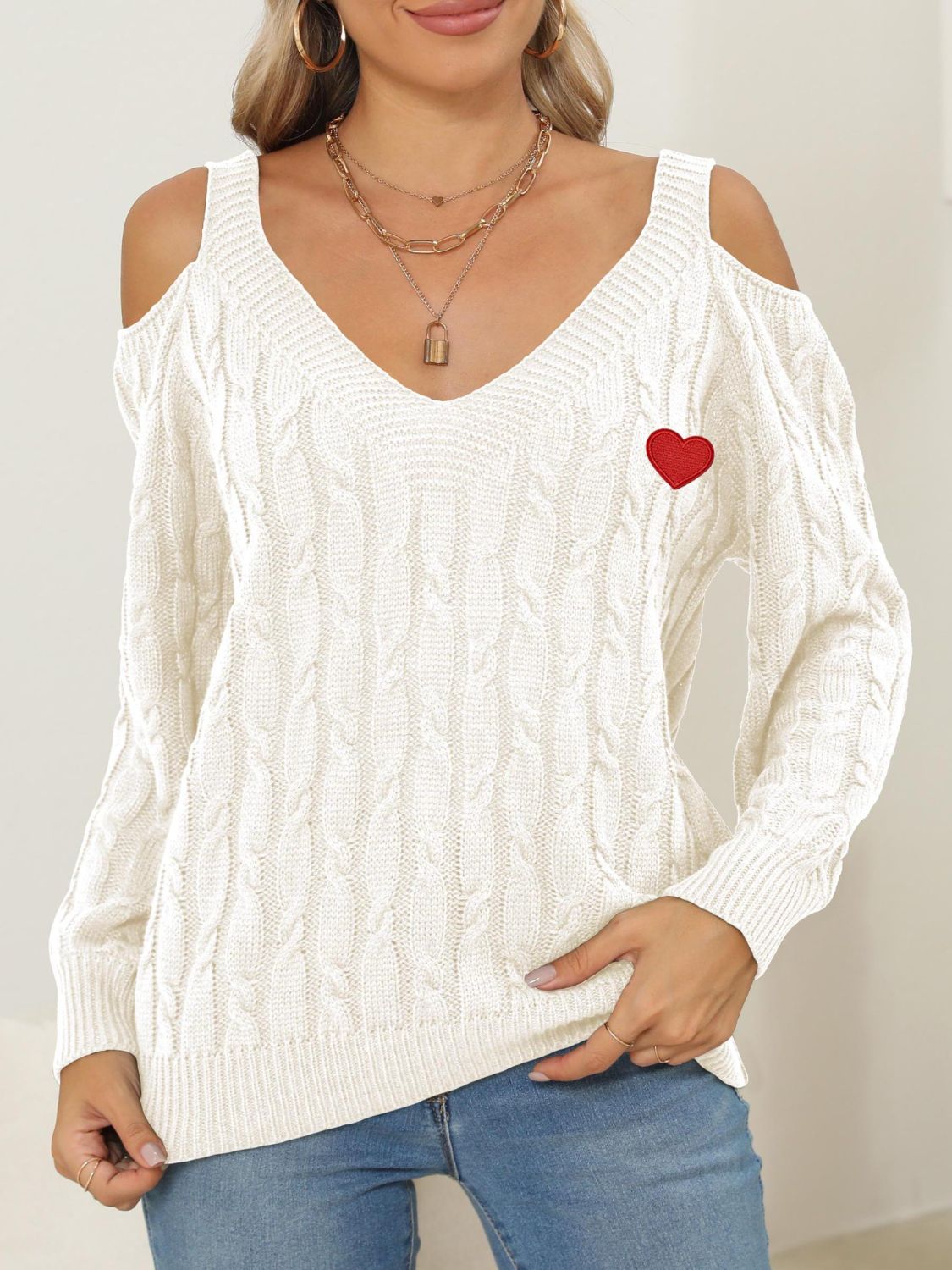 Cable-Knit Heart V-Neck Sweater by Wild and Free Boutique