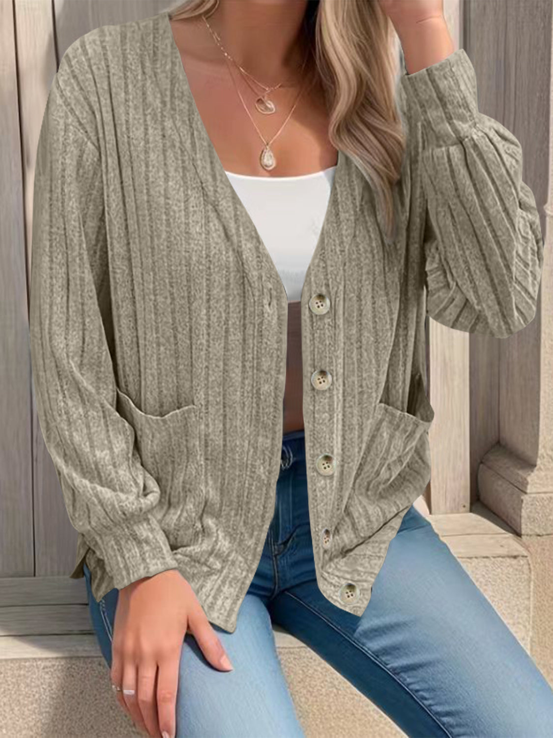 Full Size Button Up V-Neck Long Sleeve Cardigan by Wild and Free Boutique