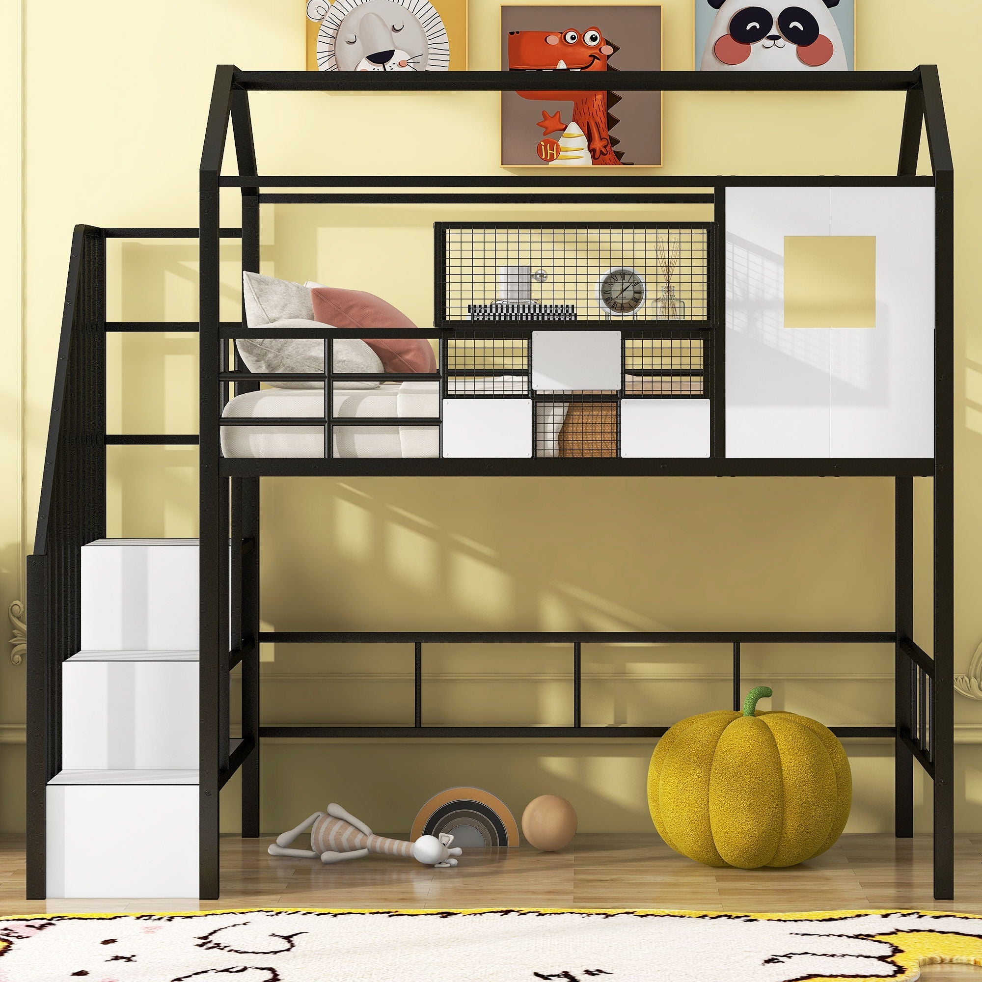 Metal Loft Bed With Roof Design And Storage Box With Guardrails And Integrated Ladder by Unique Piece Furniture