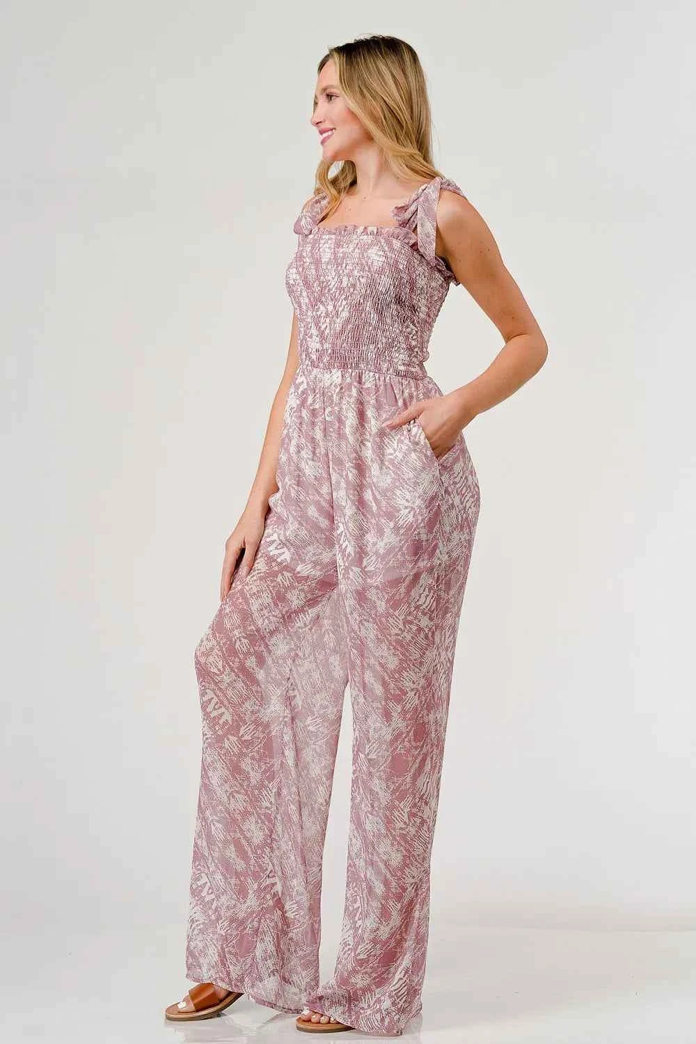 GeeGee Printed Tie Shoulder Wide Leg Jumpsuit by Wild and Free Boutique