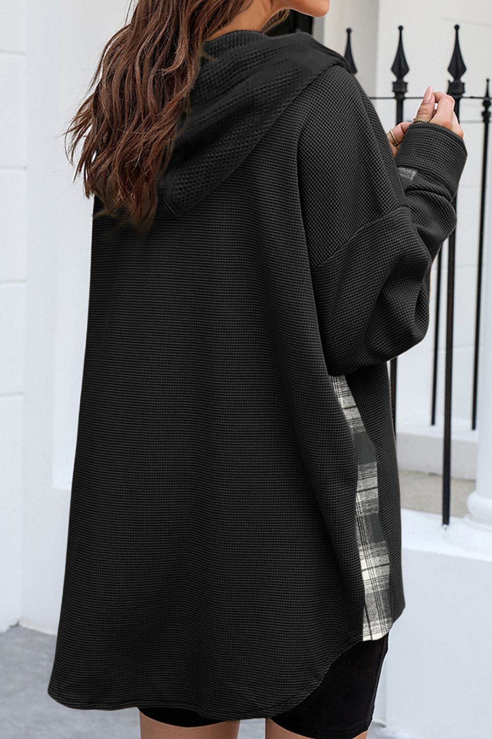 Waffle Knit Plaid Patchwork Drawstring Hooded Shacket by Wild and Free Boutique