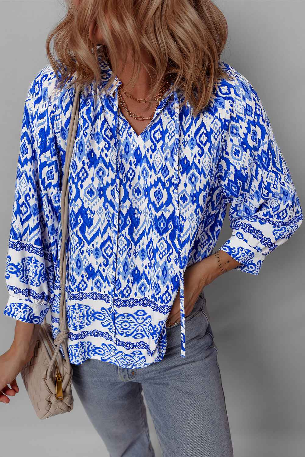 Blue Boho Printed 3/4 Sleeve Tied Neck Blouse by Wild and Free Boutique