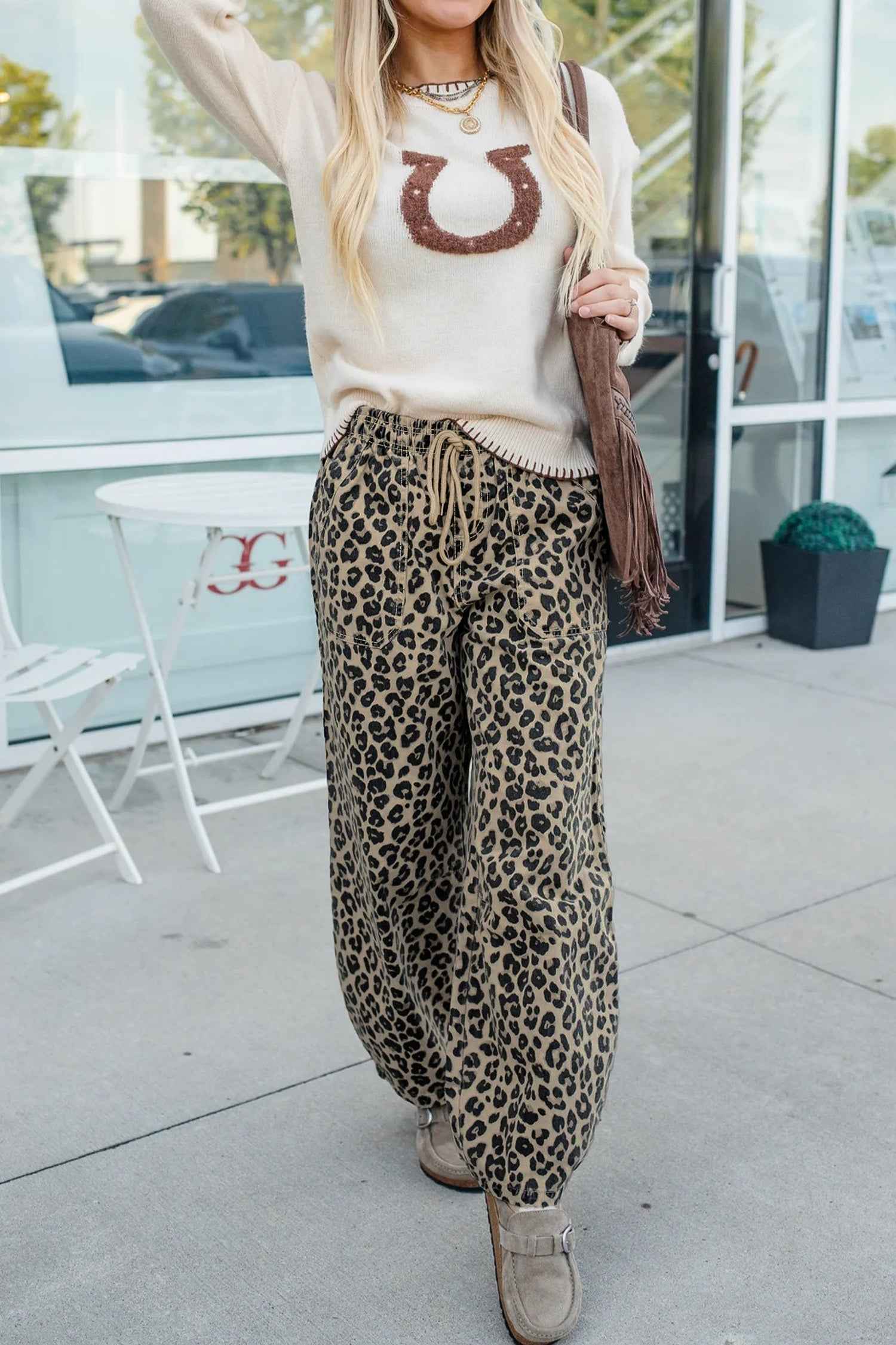 Khaki Leopard Print Drawstring Elastic Waist Loose Denim Pants with Pockets by Wild and Free Boutique