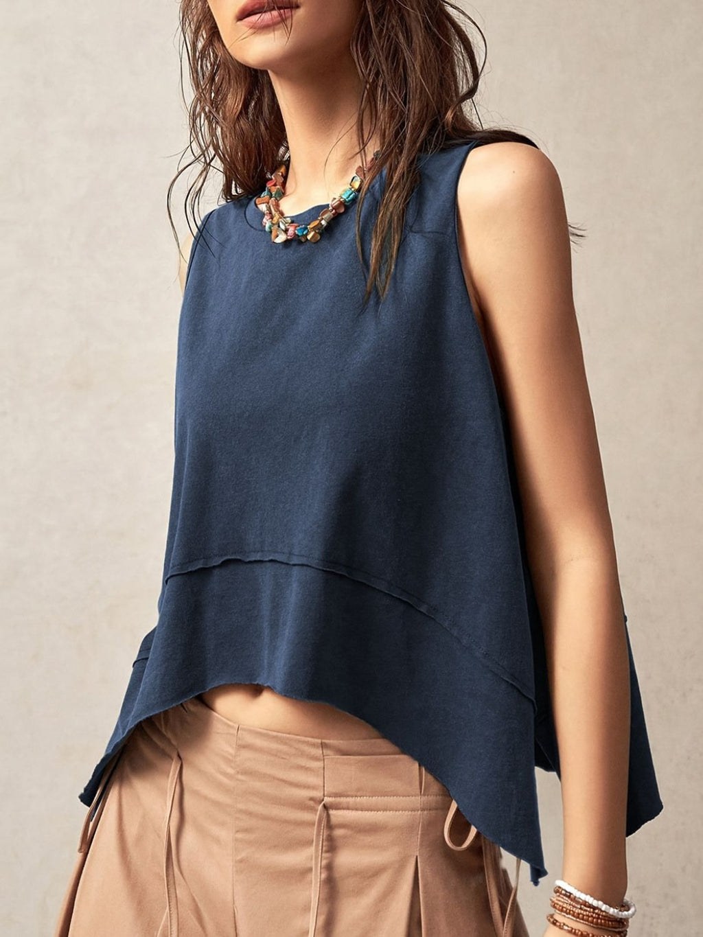 Exposed Seam Side Slit Round Neck Tank by Wild and Free Boutique