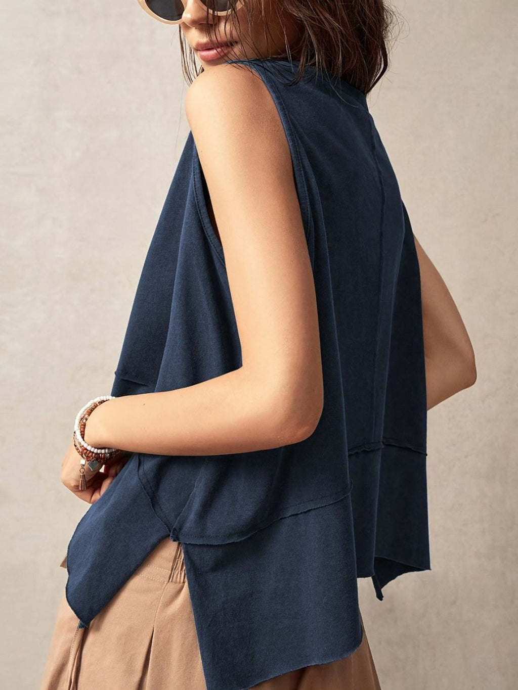 Exposed Seam Side Slit Round Neck Tank by Wild and Free Boutique
