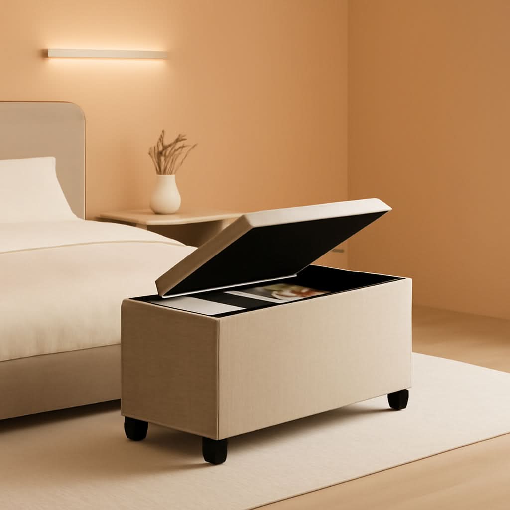 Ivory Linen Ottoman With Removable Storage Bins For Living Room by ShipItFurniture