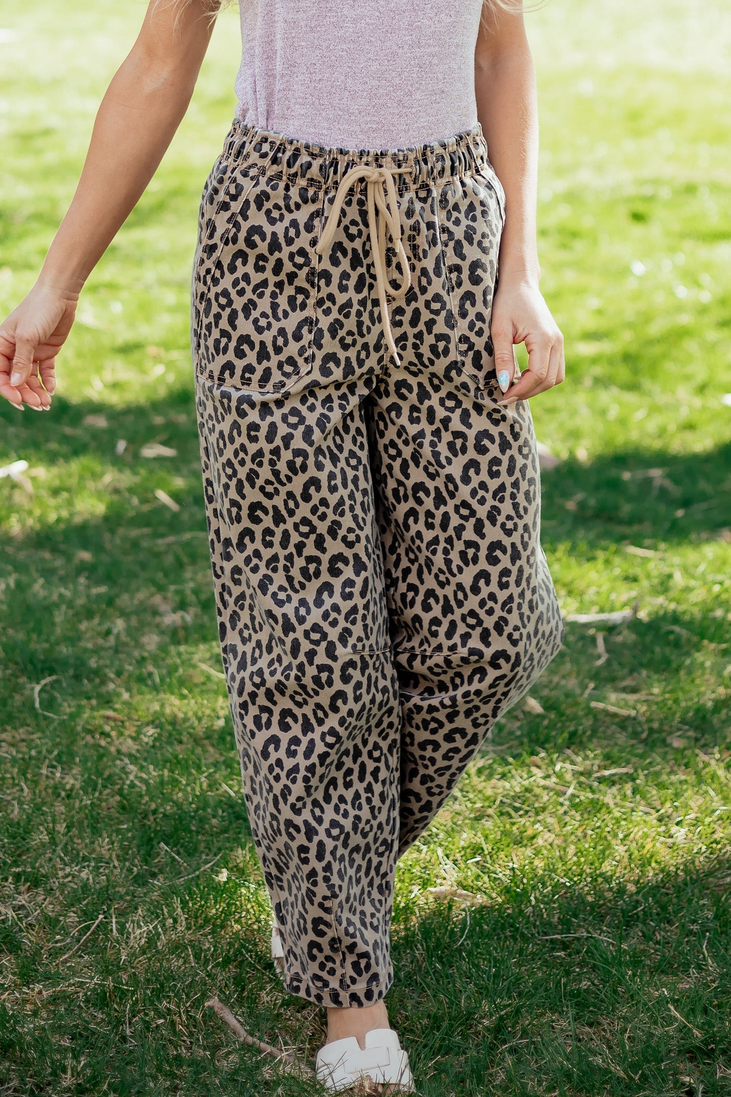 Khaki Leopard Print Drawstring Elastic Waist Loose Denim Pants with Pockets by Wild and Free Boutique