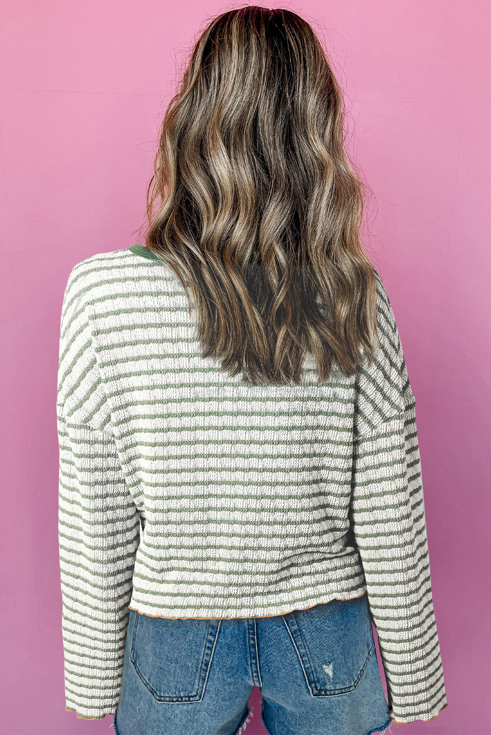 Green Stripe Textured Frilly Trim Buttons Henley Long Sleeve Top by Wild and Free Boutique