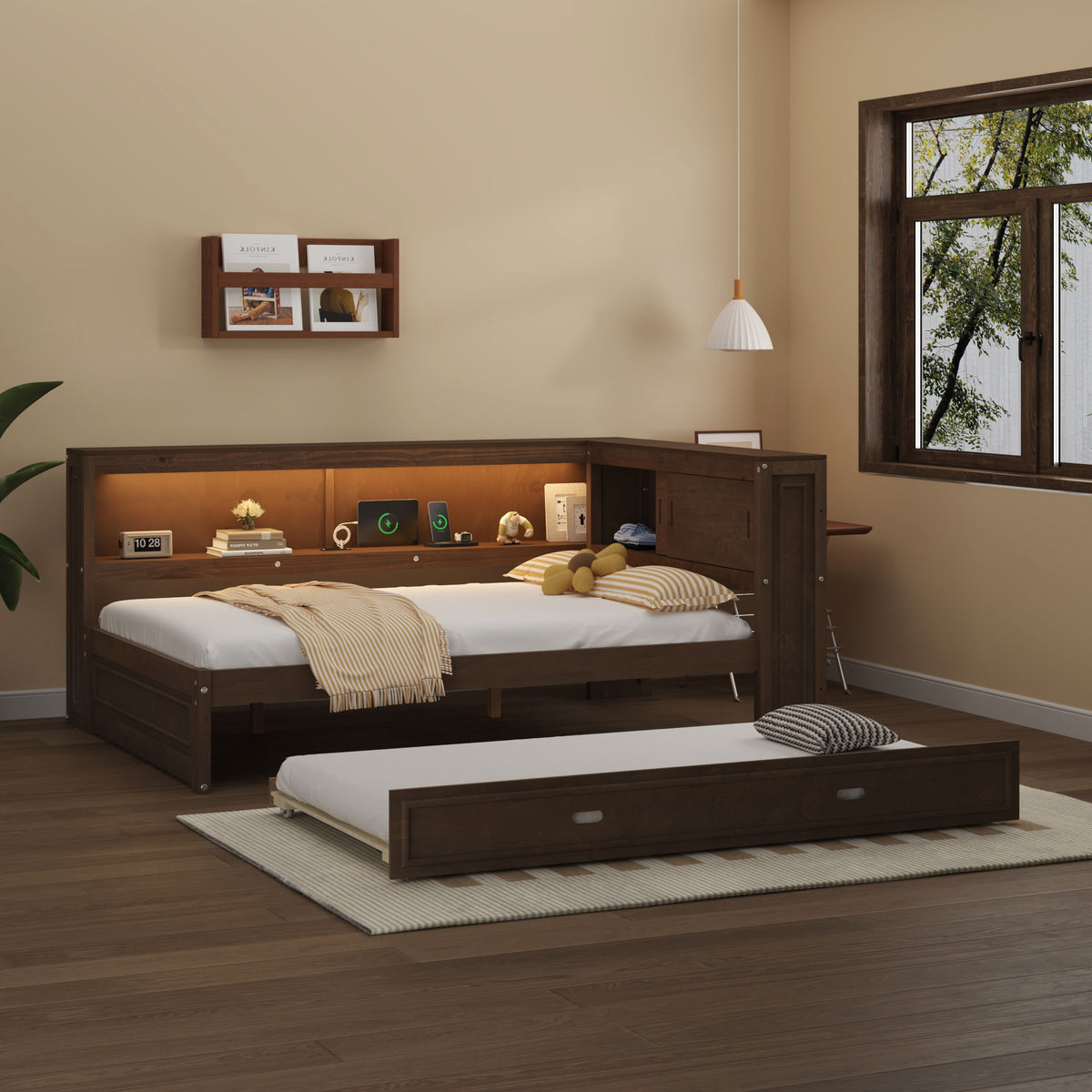 Daybed With Storage Shelves, LED, USB, And Trundle by Unique Piece Furniture