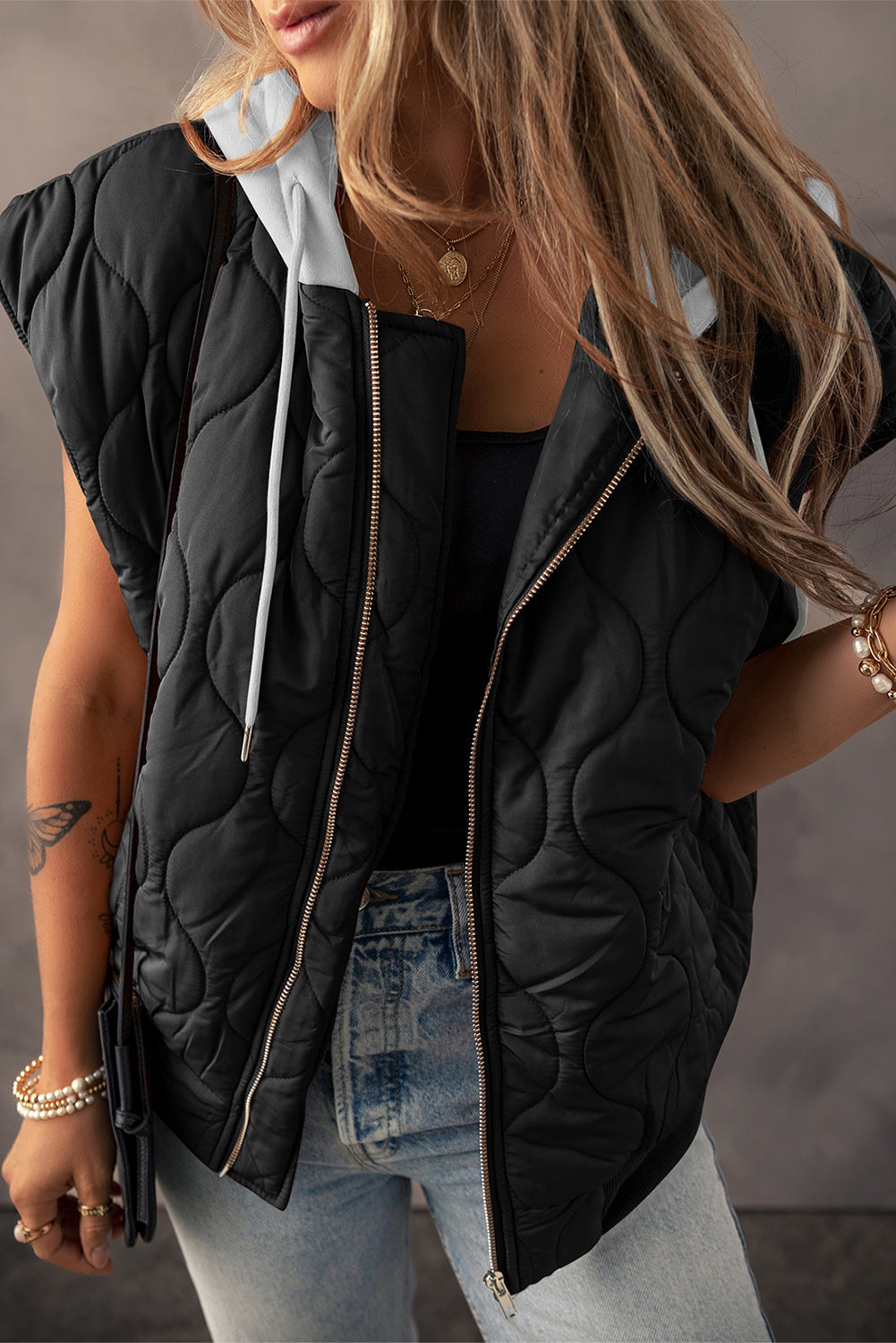 Drawstring Zip Up Hooded Vest Coat by Wild and Free Boutique