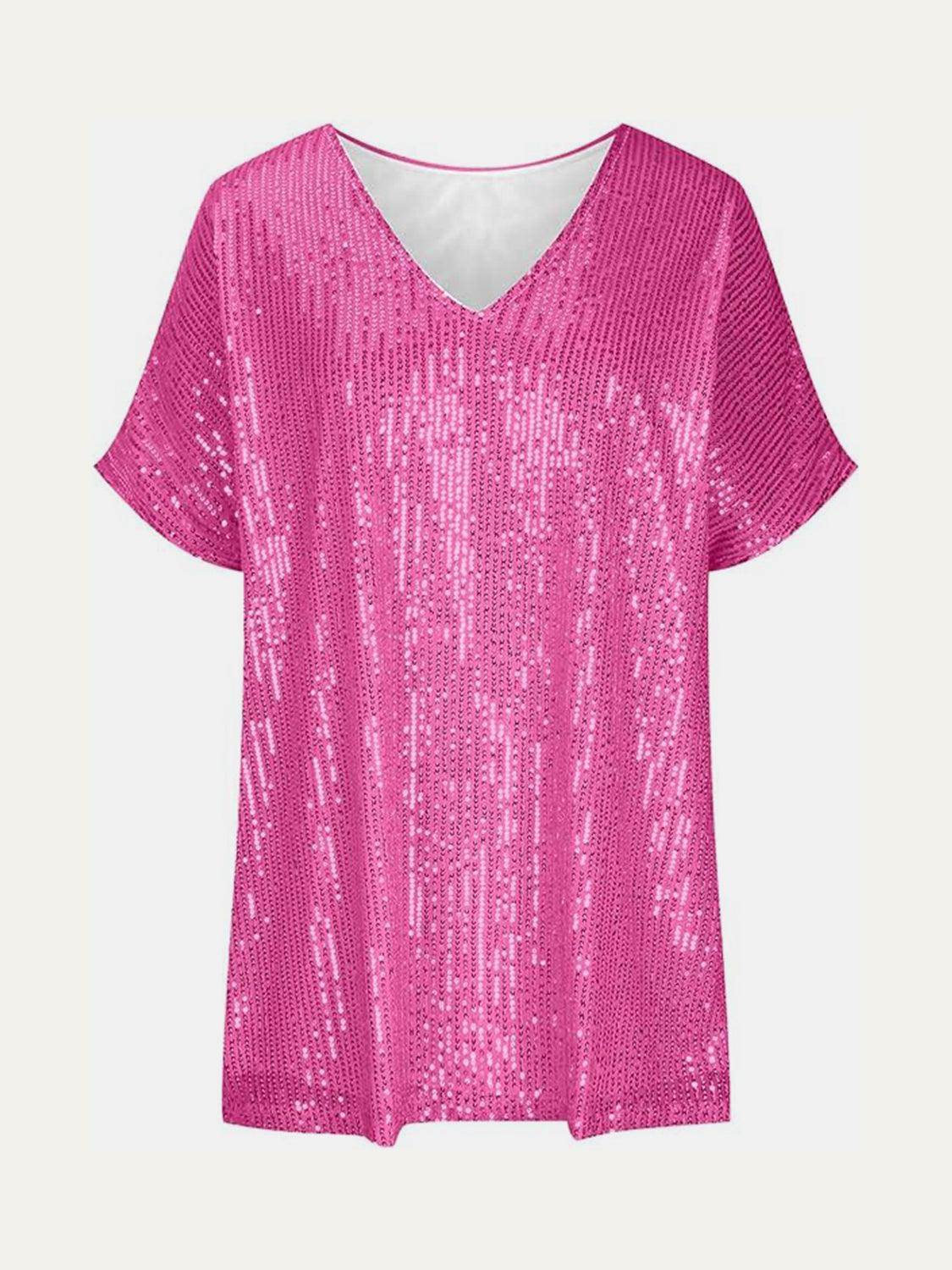 Full Size Sequin V-Neck Short Sleeve Top for Women by Selvanelle