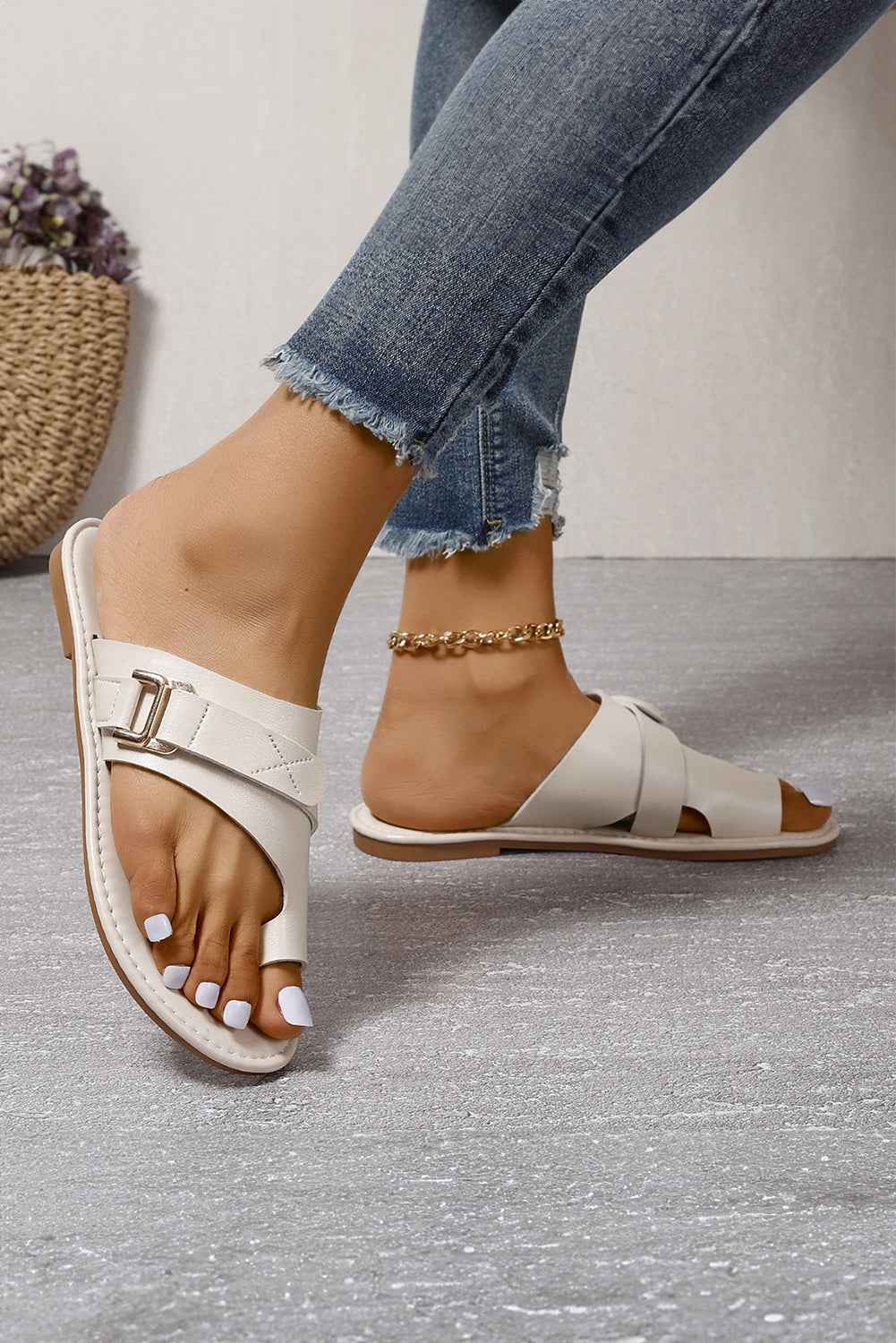 White Toe Ring Flat Sandal Slippers by Wild and Free Boutique