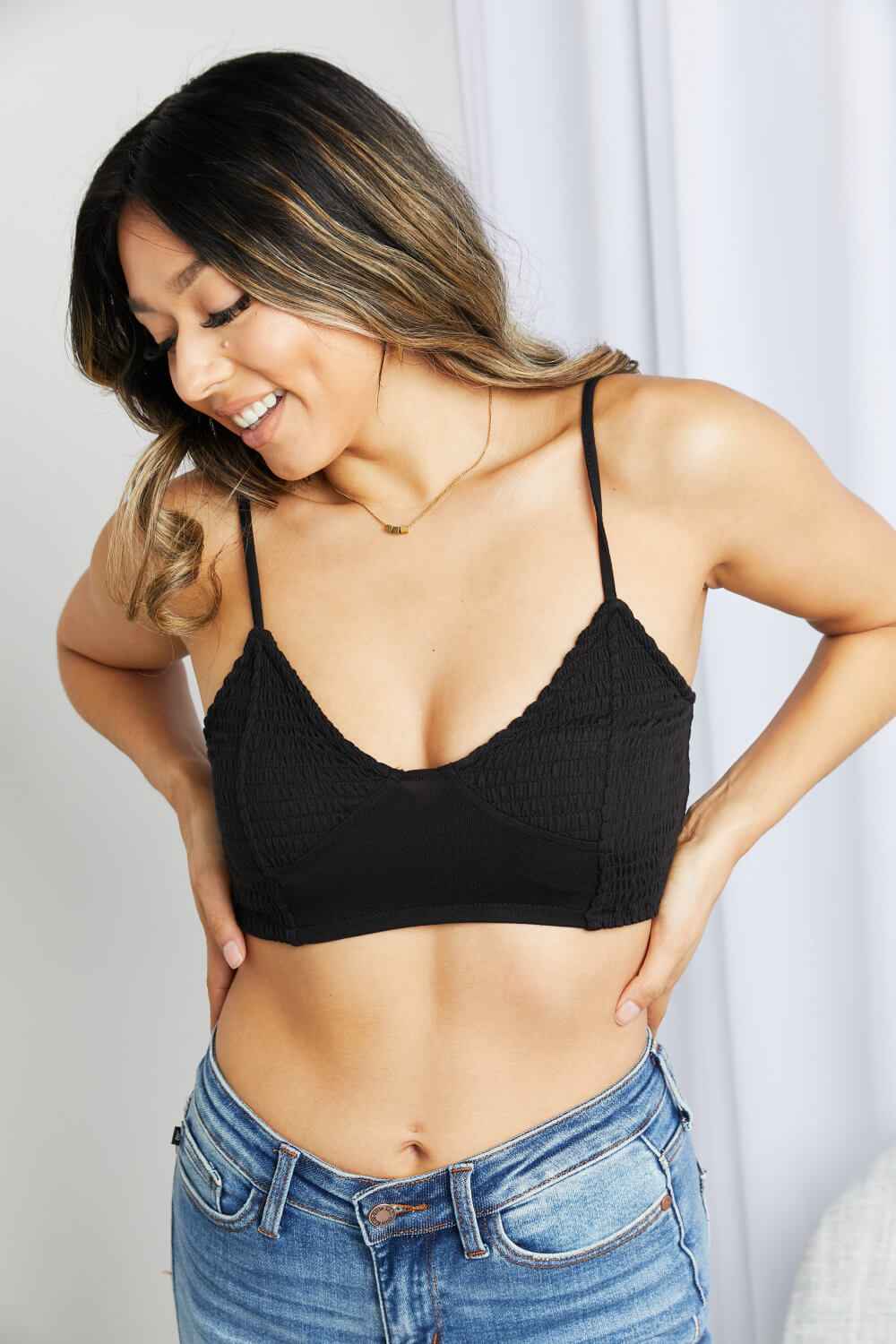 Zenana Full Size Textured Spaghetti Strap Bralette in Black by Wild and Free Boutique