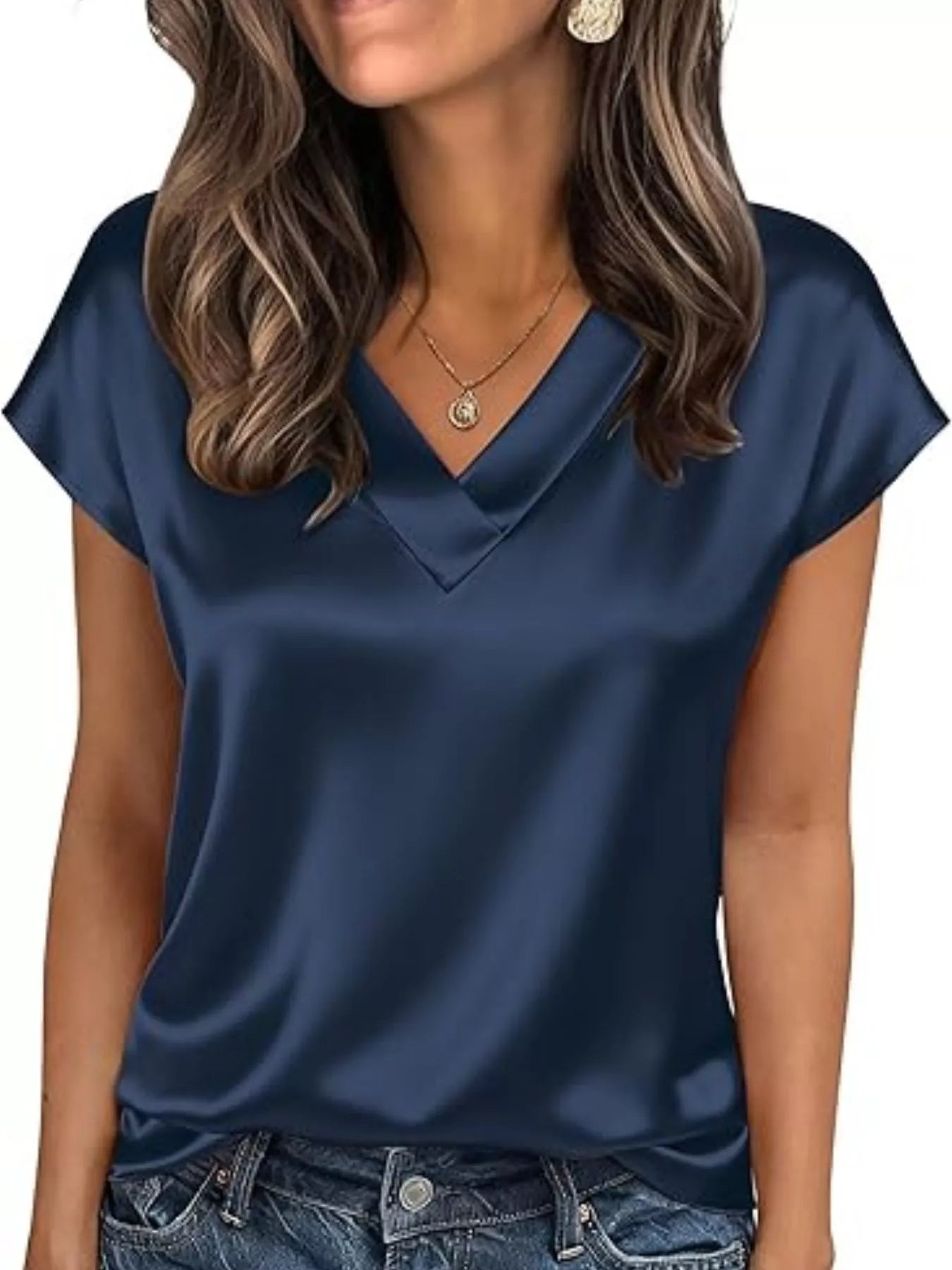 Satin V-Neck Short Sleeve Blouse by Wild and Free Boutique