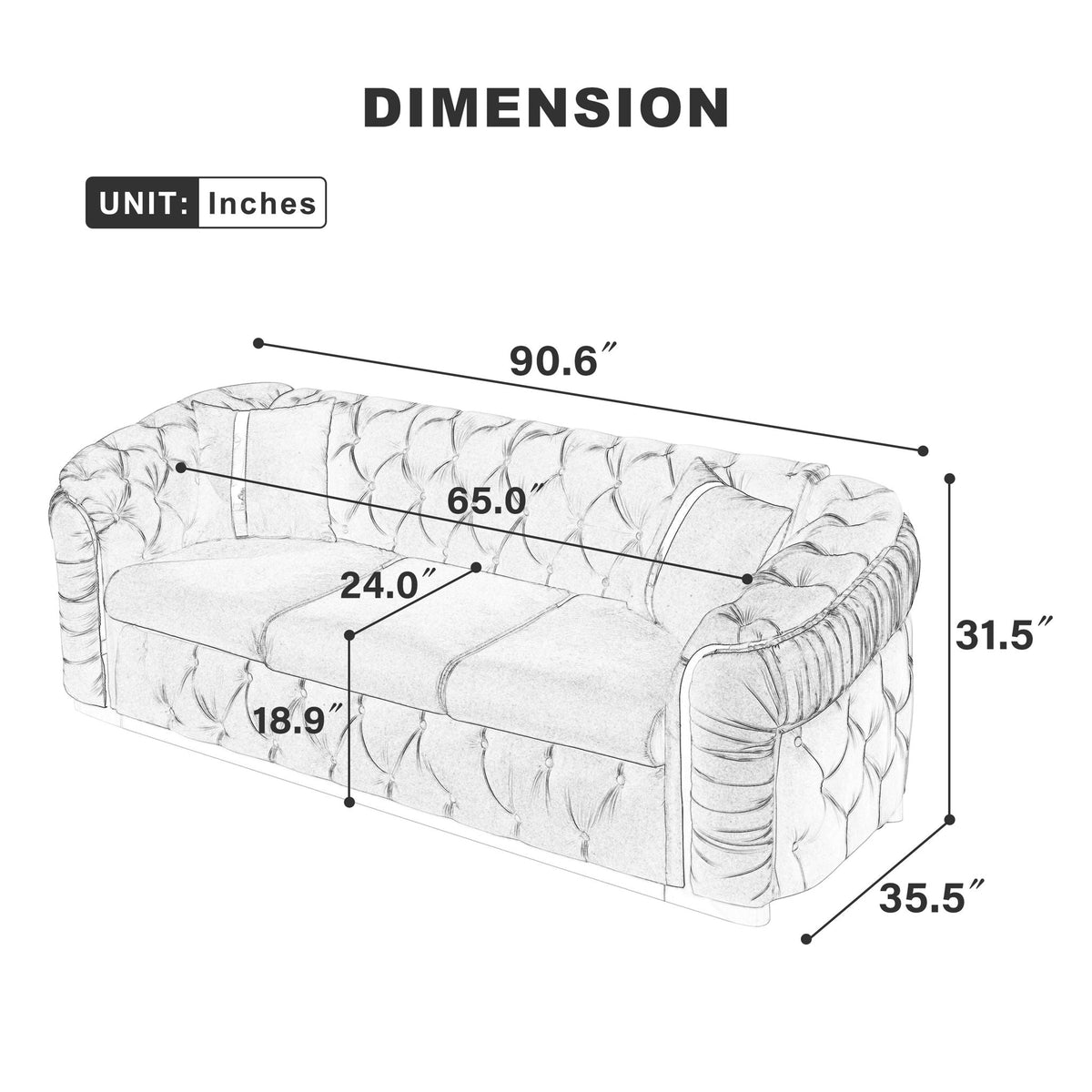 Button Tufted Couch With 2 Pillows, 3 Seater Luxury Chesterfield Sofa by Unique Piece Furniture