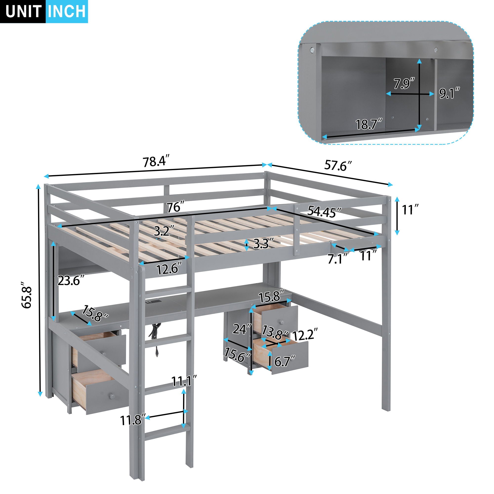 Loft Bed With Desk, Cabinets, Drawers, Charging Station And Bedside Tray by Unique Piece Furniture