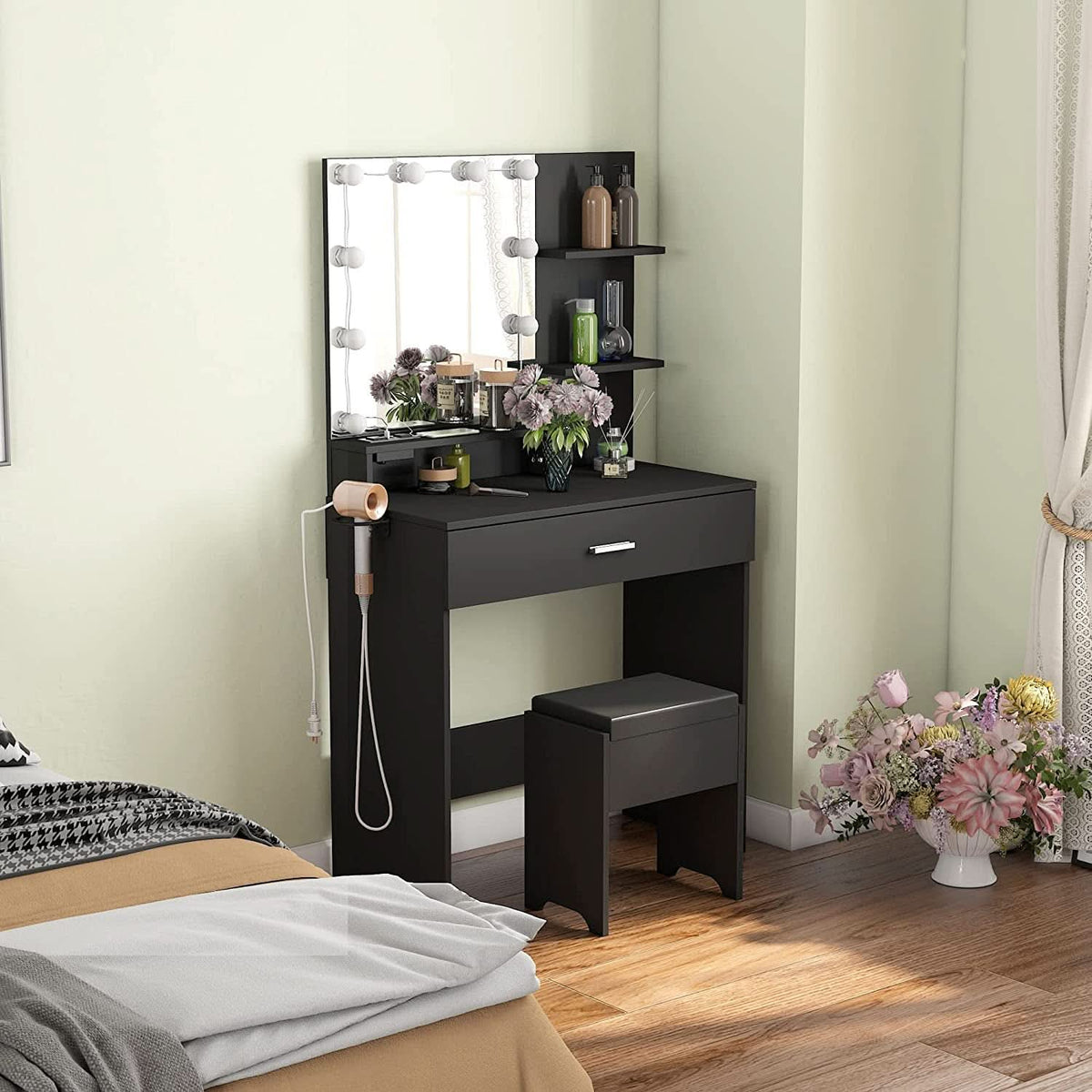 Black Makeup Vanity Table With Lighted Mirror And USB Ports by ShipItFurniture